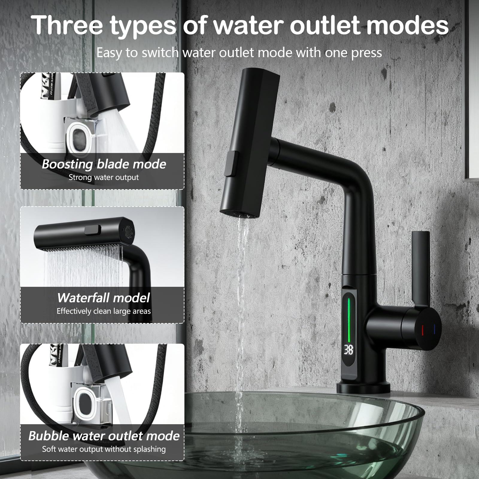 Grifo Cocina Extraible, Grifo de Baño con LED de Temperatura Grifos de Cocina Fregadero con 3 Modos de Flujo de Agua Orientable de 360° grifo de cascada de baño Negro Altura Ajustable