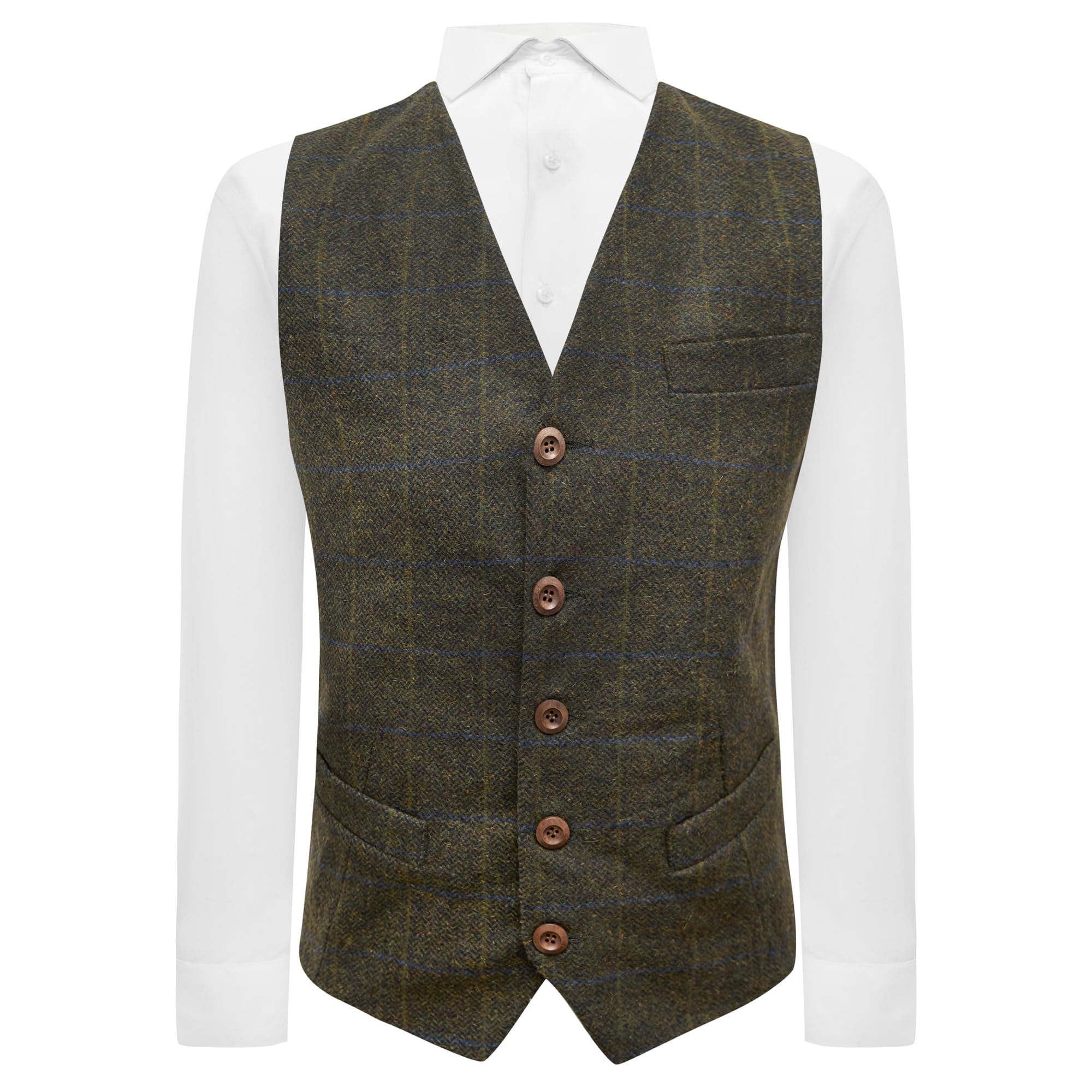 King & Priory Juniper Green Herringbone Check Waistcoat (S)