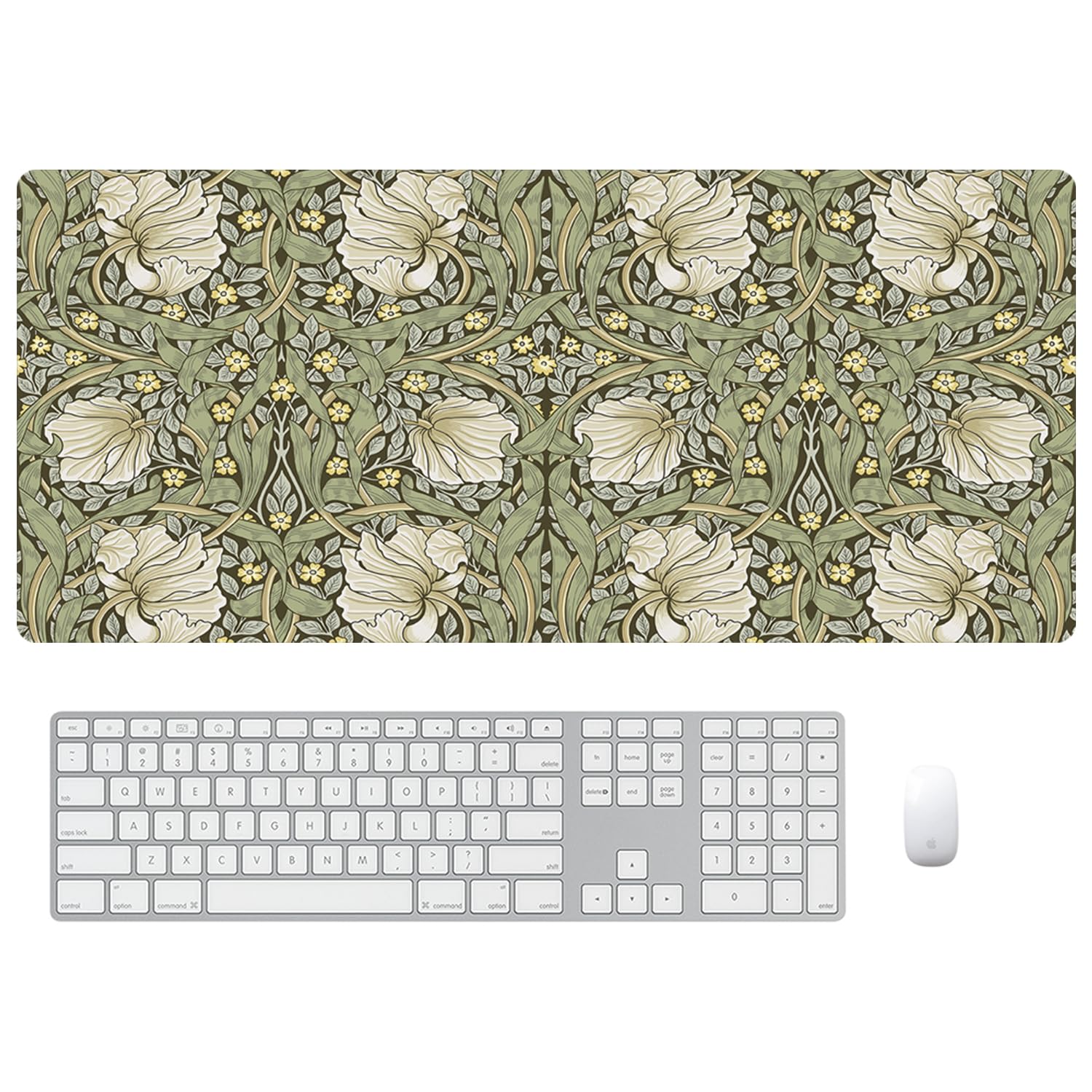 William Morris Mauspad mit Blumenmuster, Vintage-Blumenmuster, XL-Gaming-Mauspad, 80 x 40 cm, Schreibtischunterlage für den Schreibtisch mit rutschfester Gummiunterseite, salbeigrün / gelb