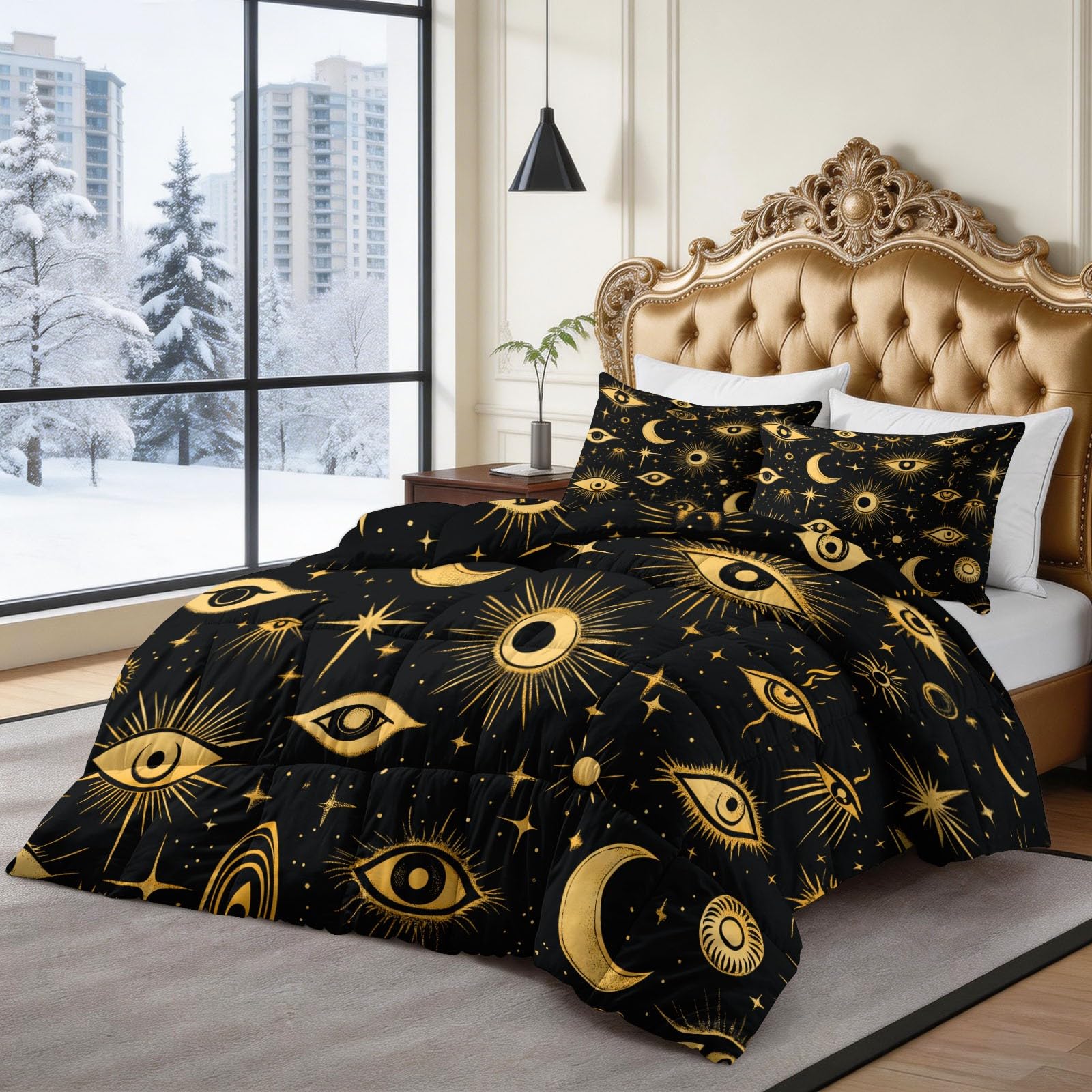 Generico Zimowa podwójna kołdra puchowa 200 x 200 cm, tajemnica Cosmo Eyes, 400 g/m², ciepła i elegancka, antyalergiczna i oddychająca pościel 3-częściowy, kolor czarny