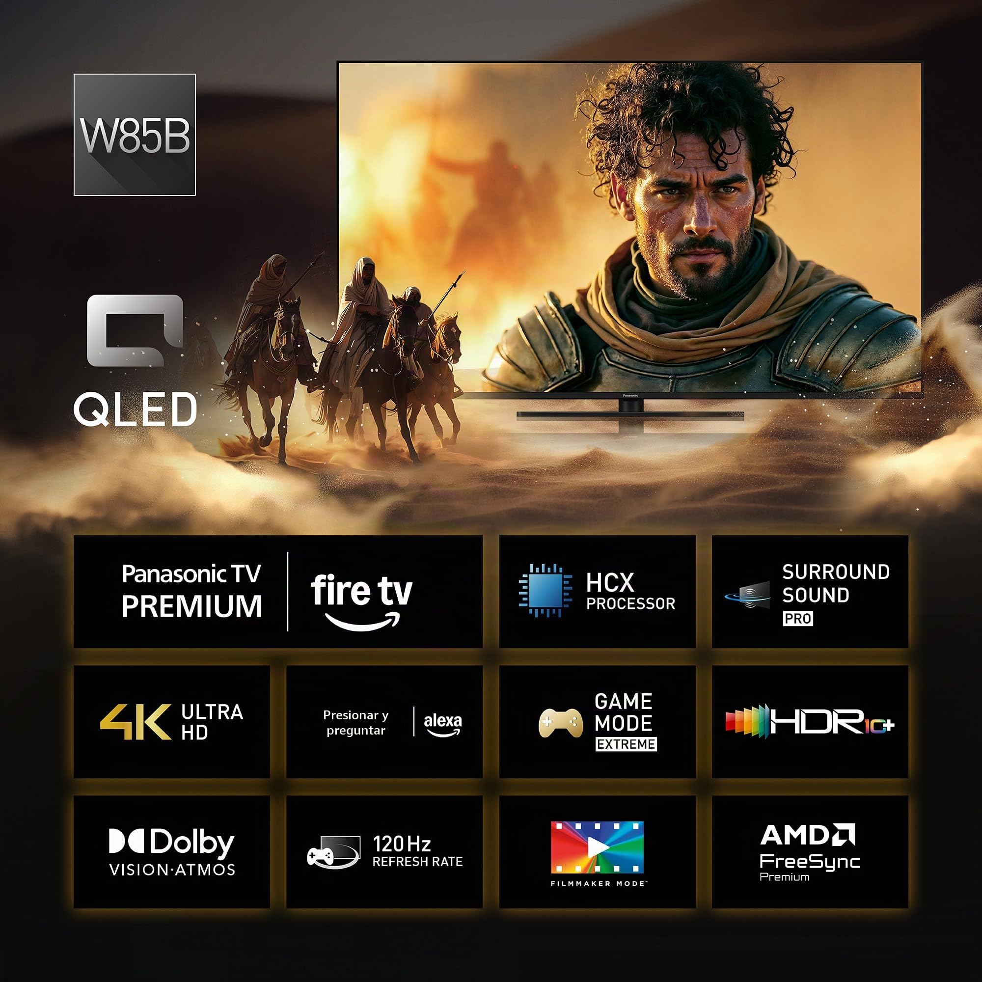 Panasonic Premium TV-43W85BEZC, Serie W85B, 43 Pulgadas, Smart TV 4K Ultra HD QLED, 120 Hz, Fire TV, Dolby Vision y Atmos, Modo Juego Extremo, Compatible con Alexa, Apple, Bluetooth, Negro