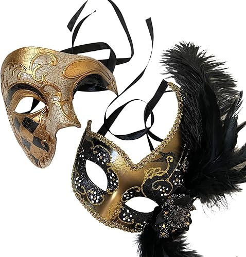 Miniatura 2 de MasqStudio - Máscara de plumas para parejas de disfraces para cosplay Mardi Gras baile de graduación fiesta de cumpleaños o Deco oro negro