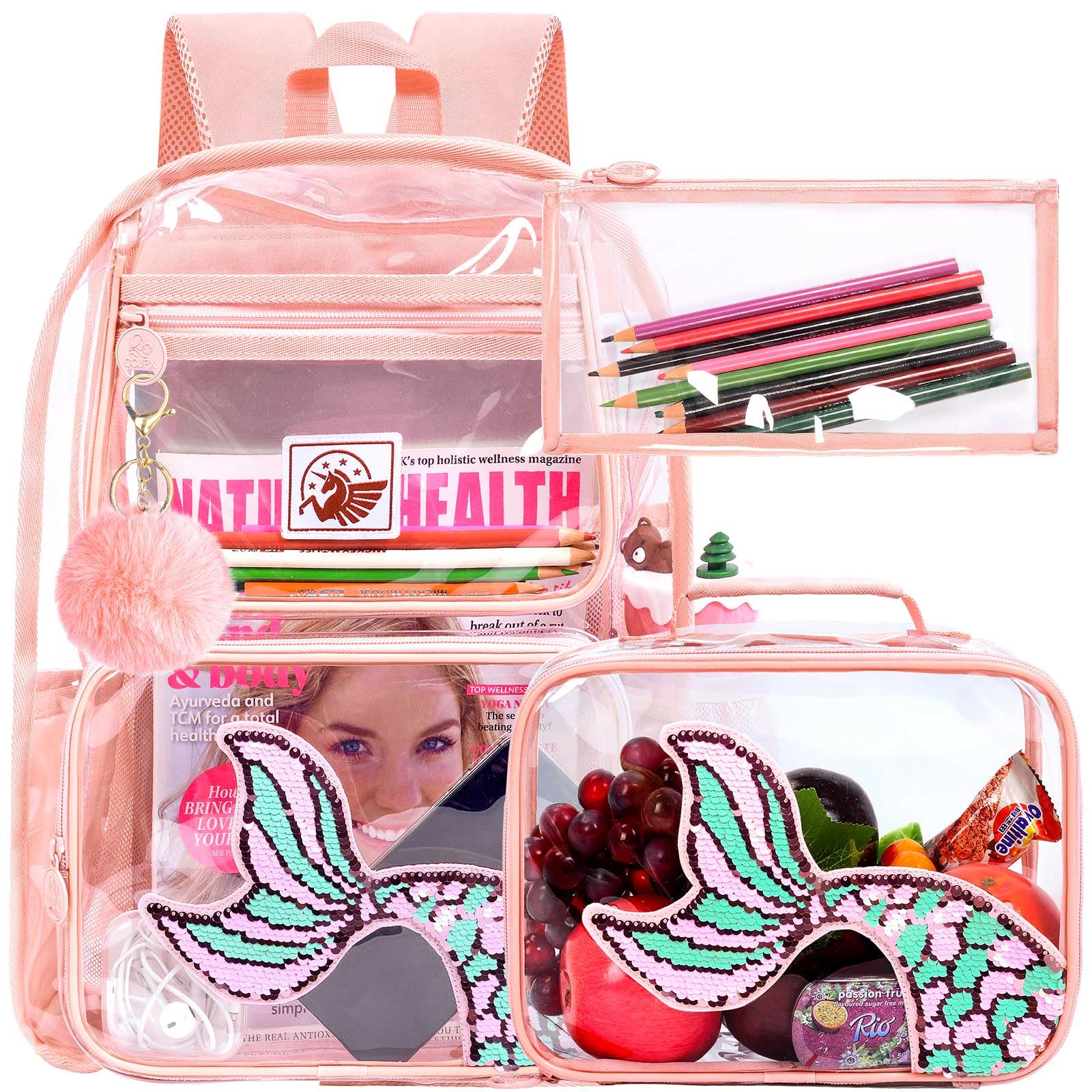 Clear Backpack for Girls and Boys Kids Transparent Bookbag 3PCS Cute See Through School Bag for Elementary Prechool