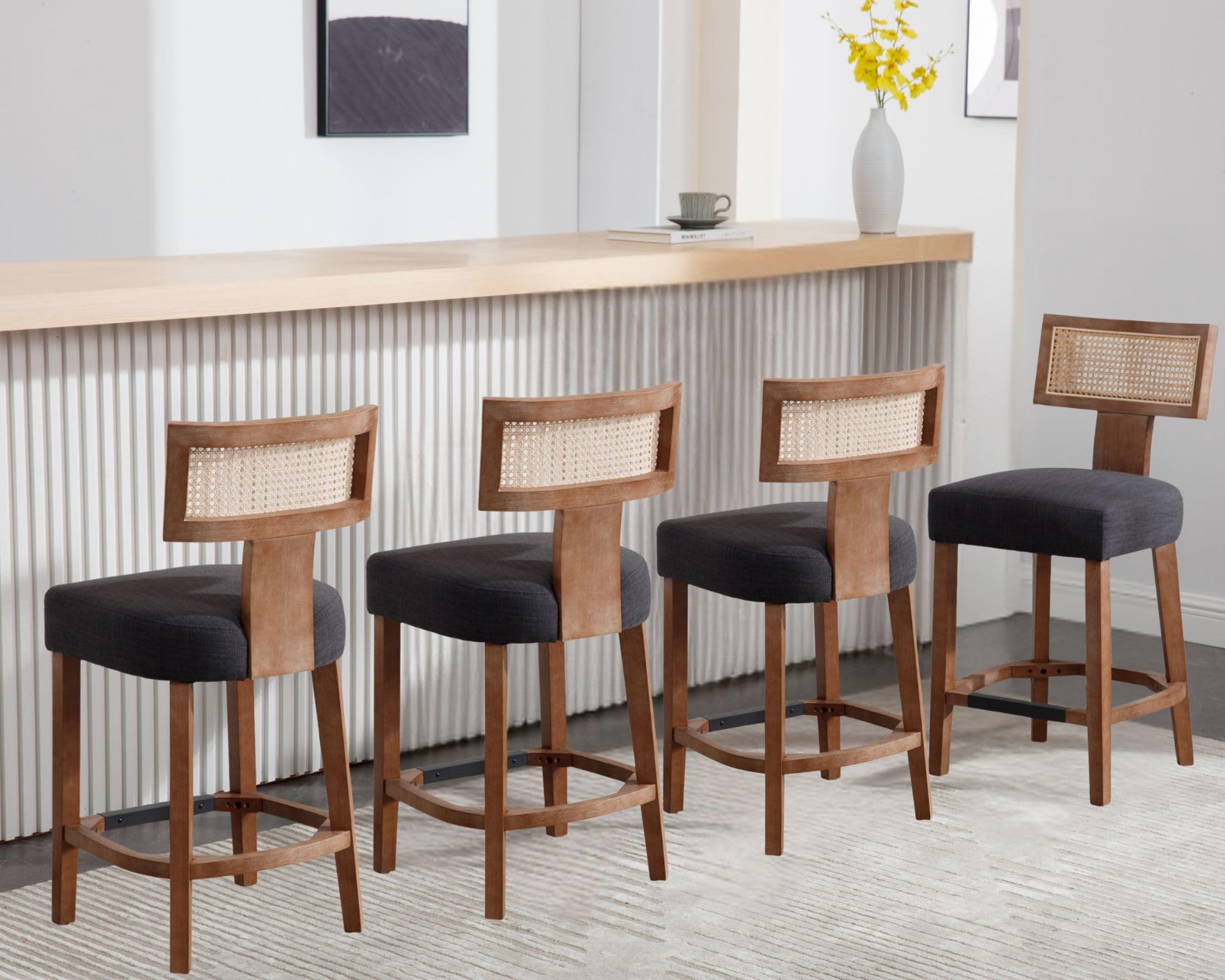 26’’ Rattan Barstool with Back Counter Height Bar Stool Set of 4, Charcoal Linen Modern Kitchen Counter Stool Upholstered Farmhouse Wicker Bar Stool, Boho Bar Stool Chairs with Natural Wood Frame