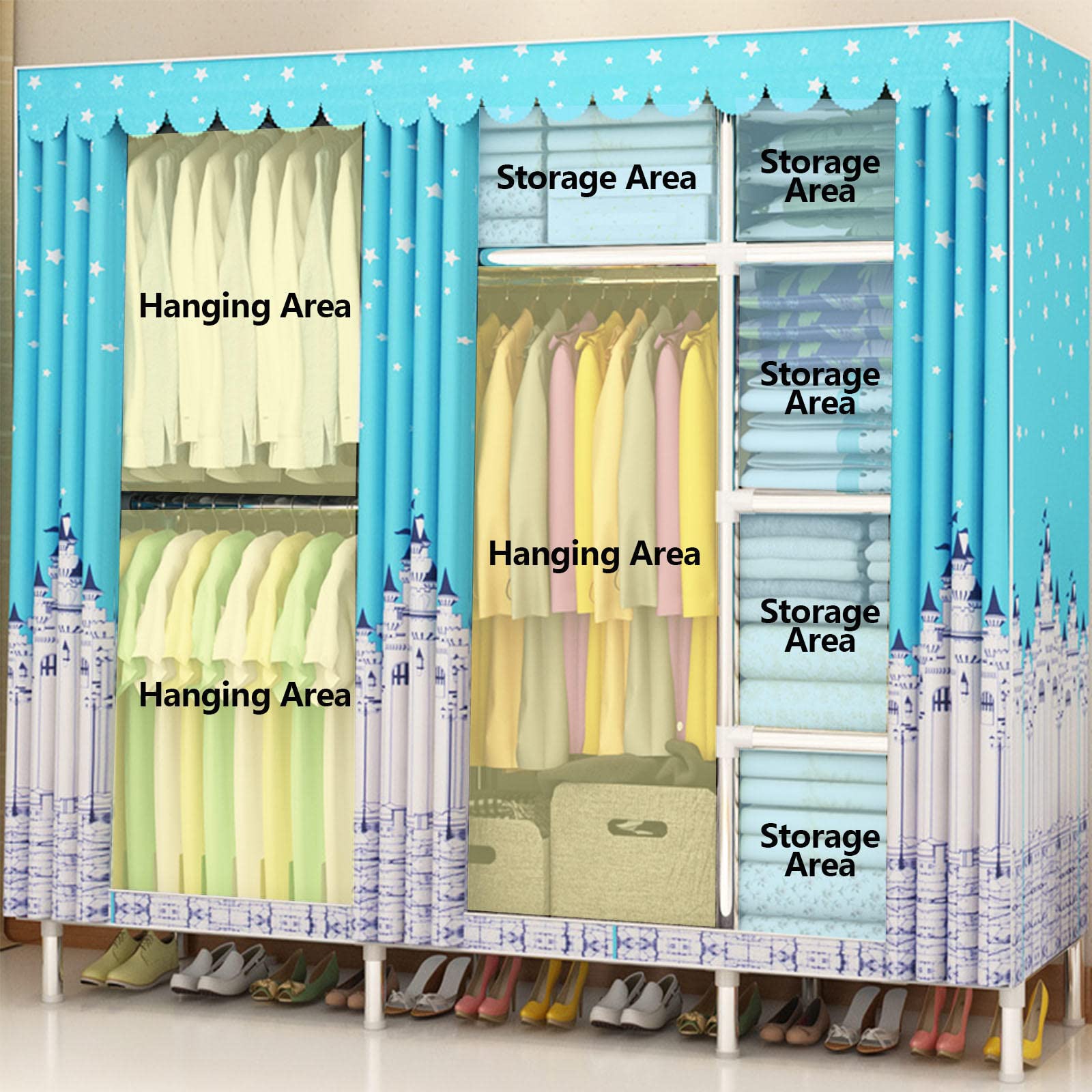 Kleiderschrank, tragbare Kleiderschrankregale aus Segeltuch mit Kleiderstange und Stoffbezug, Kleiderschrank-Aufbewahrungsorganisator für Schlafzimmer, Einfach zu montieren,F-210x4