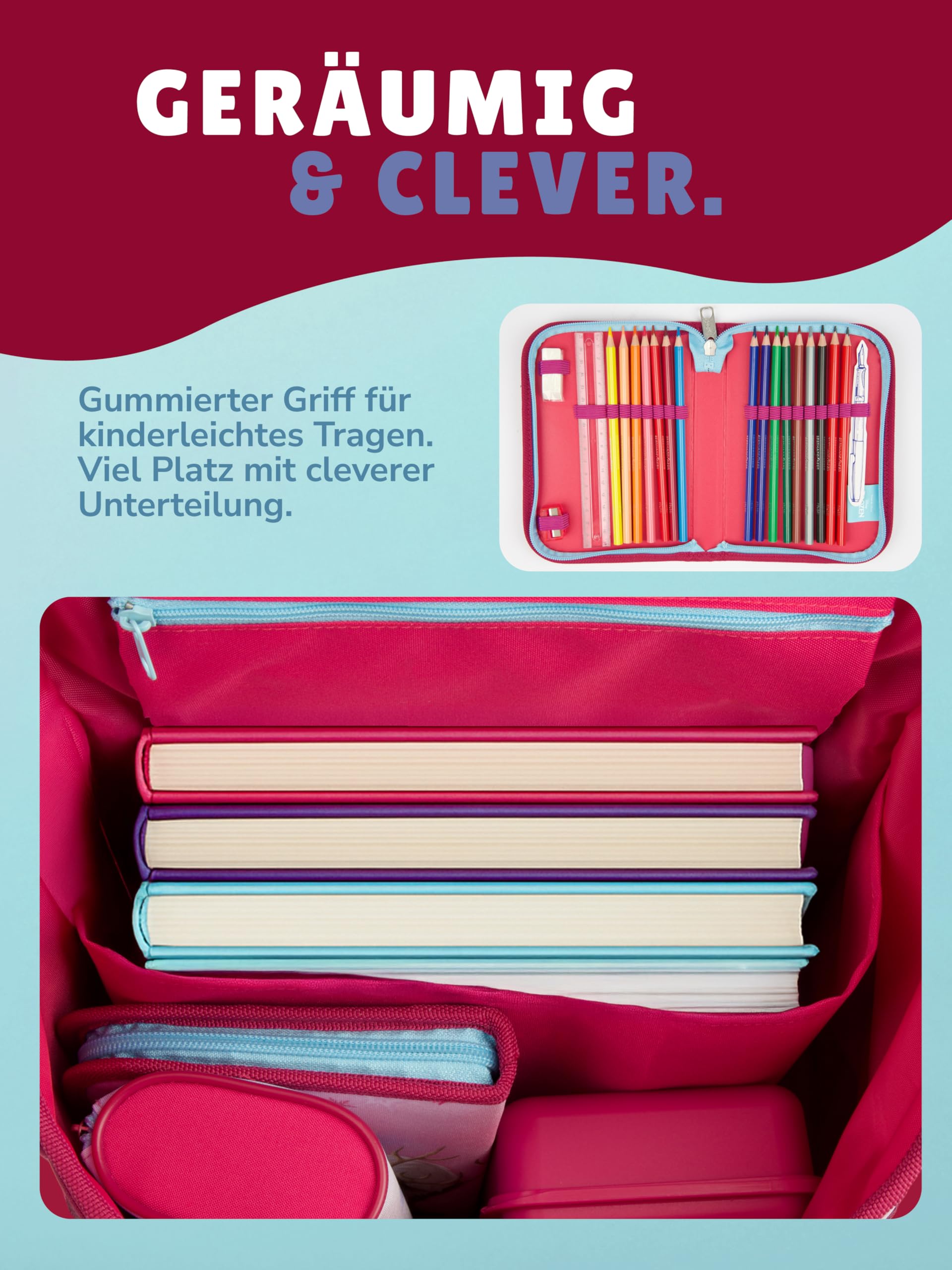 Familando - Scooli Campus Fit Schulranzen Set - 5-teilig mit Federmappe - Disney Die Eiskönigin (Frozen) - Ergonomisch, Stabil & 980g leicht - 18L Volumen - Brustgurt & Reflektoren - ab 1. Klasse
