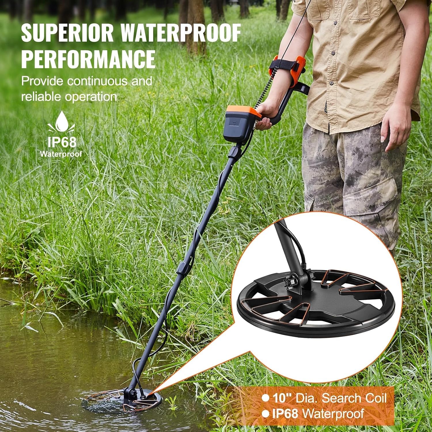 Detector de Metales Profesional Mango de 99-127 cm Detector Recargable Bobina de Búsqueda 30 cm Pantalla LCD IP68 Impermeable 7 Modos DSP Chip Auriculares Bluetooth para Búsqueda de Monedas Oro