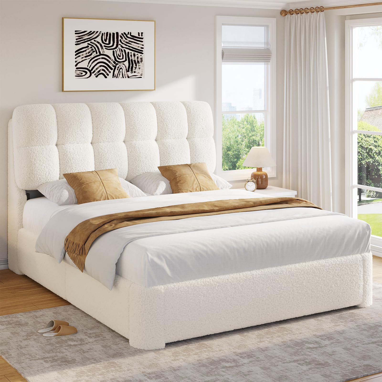 DICTAC Queen Boucle Bed Frame with Headboard Queen Size Modern Upholstered Platform Bed Frame with Rounded Corners Soft Cloud beds,Marshmallow Bed