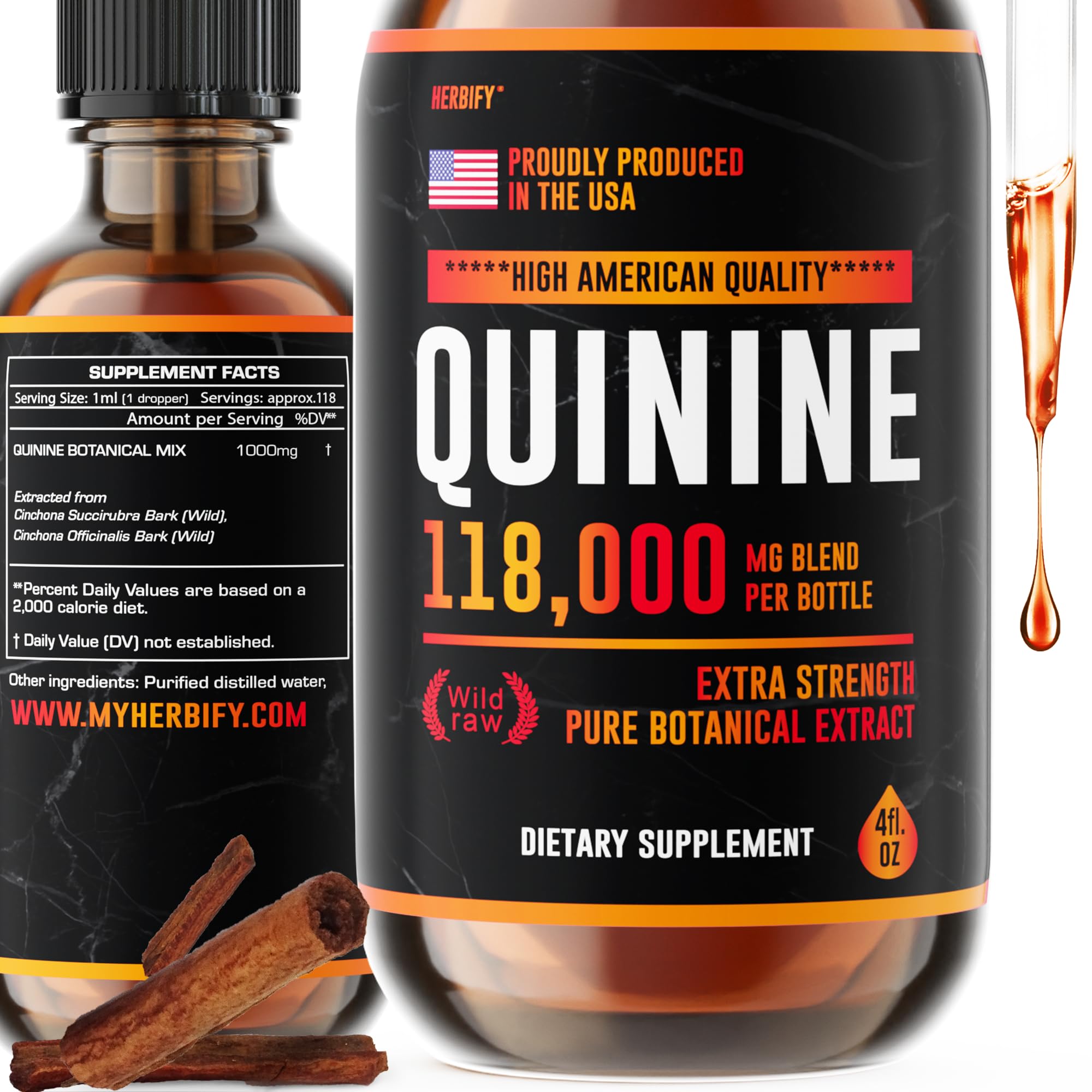 HERBIFY Quinine Tincture - Quinine Liquid Extract for Healthy Digestion - Quinine Cinchona Supplement for Better Absorption - US Made Product - for Men & Women 4oz (120ml)