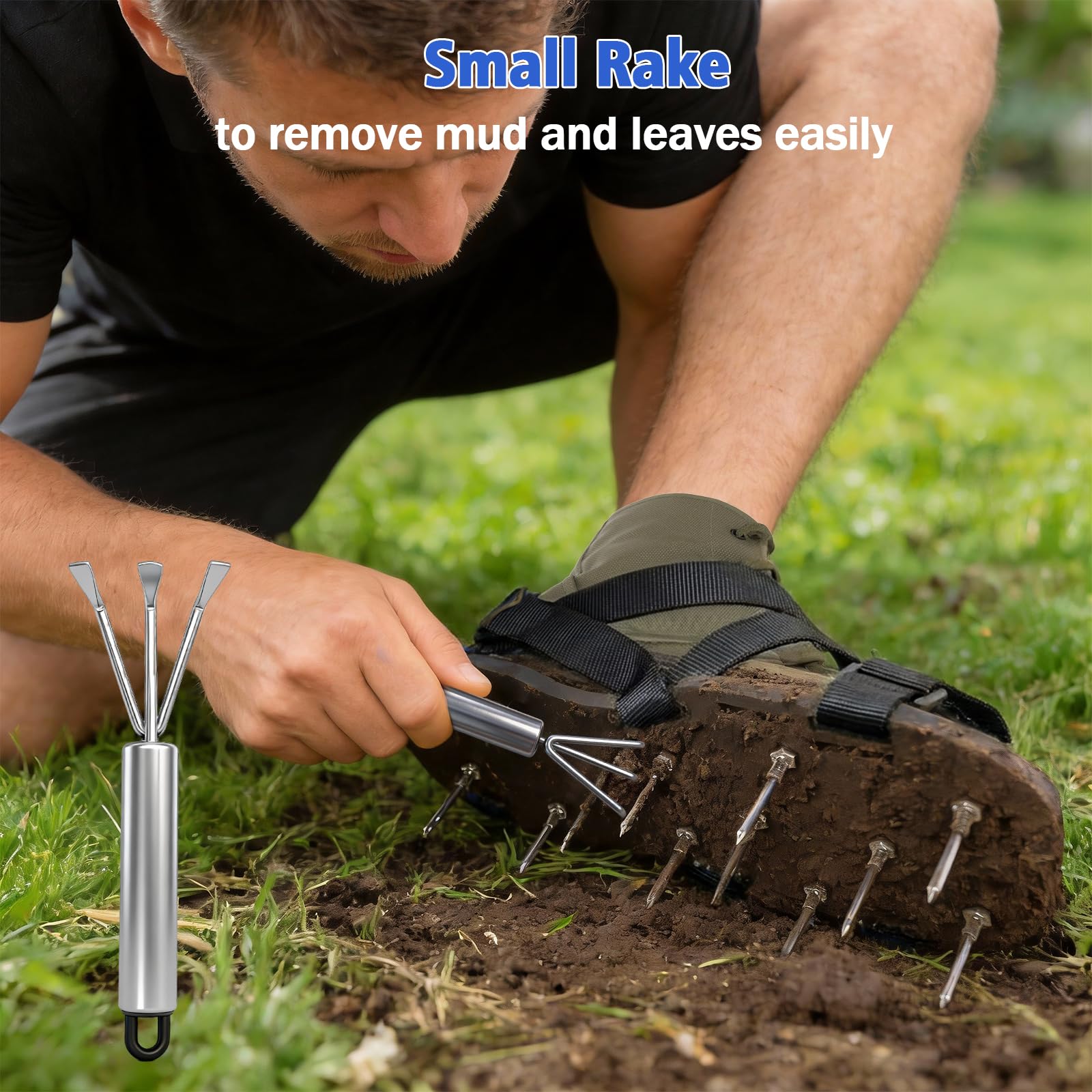 Lawn Aerator Shoes Upgraded Heavy Duty Metal Buckle Soil Spike Aerating Shoe Adjustable Straps Universal Size Scarifier Mud Shovel Lawns Tool for Yard Patio Garden, Nail 2.24"/5.7cm (Black) — view 4