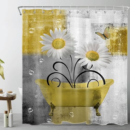 Cortina de ducha de flores de margarita para baño, diseño floral vintage en la bañera, cortina de ducha con 12 ganchos, patrón geométrico gris y