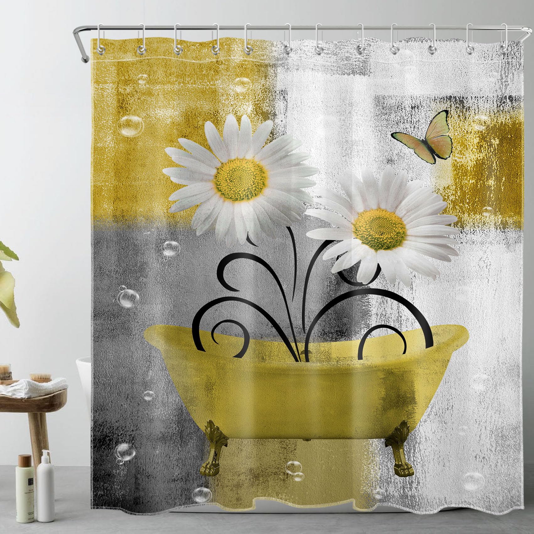 EOBTAIN Daisy Floral Shower Curtain for Bathroom Vintage Flower and Butterfly in The Bathtub Shower Curtain with 12 Hooks Gray and Yellow Geometric