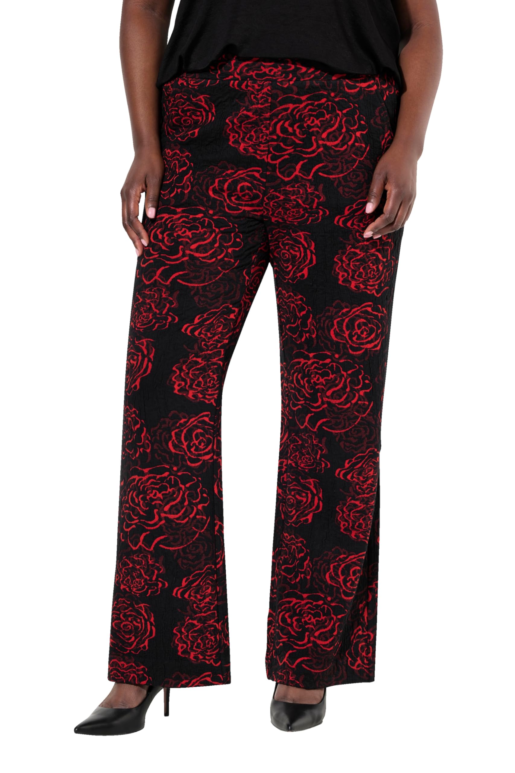 Ulla Popken Damen große Größen Übergrößen Plus Size Jacquard-Jerseyhose, Blüten, weites Bein, Elastikbund 834686