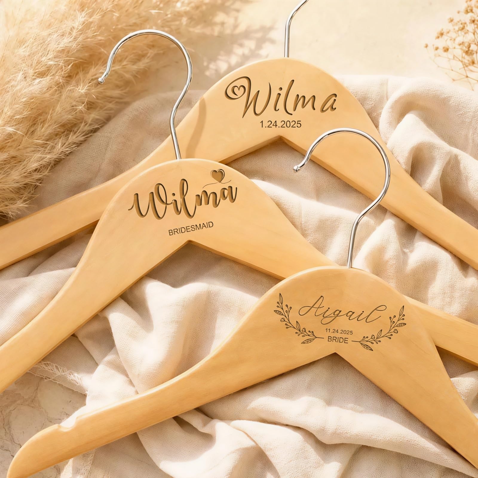 Personalized Wooden Wedding Hanger for Bride and Groom, Custom Name & Date Engraved Bridal Shower Gift, Elegant Wood Wedding Dress Hanger with Non-Slip Notches