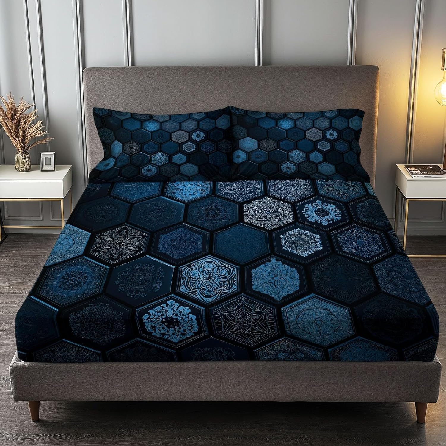 Honeycomb Pattern Single Fitted Sheet Geometric Bed Sheets Deep Pocket 12 inch (30 cm) Soft Cozy 3 Piece Microfibre Bed Sheet 90x190 cm with 2 Pillowcases 50x75 cm