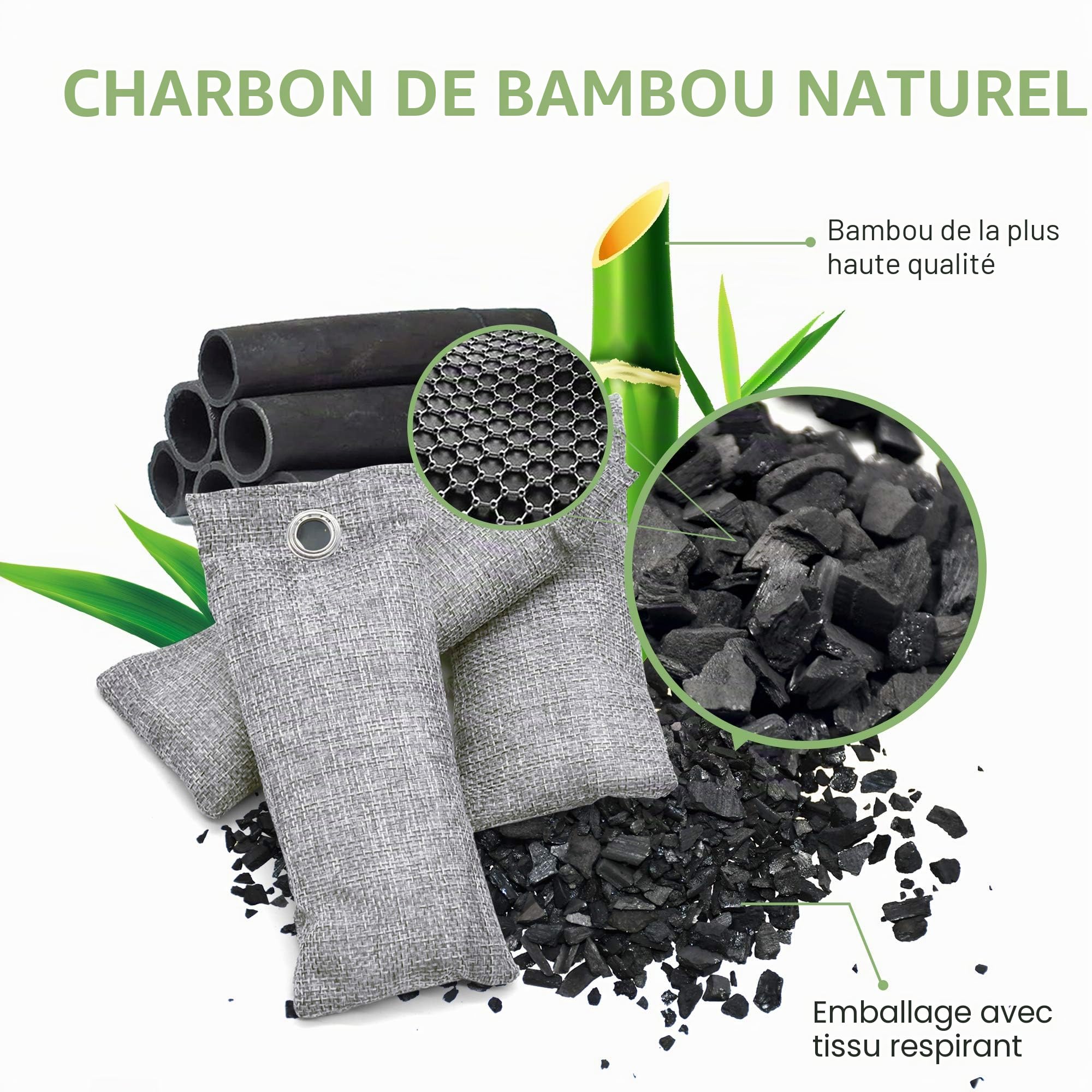 Lot de 6 sacs purificateurs d'air au charbon de bambou - Absorbeur d'odeurs - Absorbeur d'odeurs - Désodorisant naturel pour voiture - Éliminateurs d'odeurs pour la maison, les animaux de compagnie,