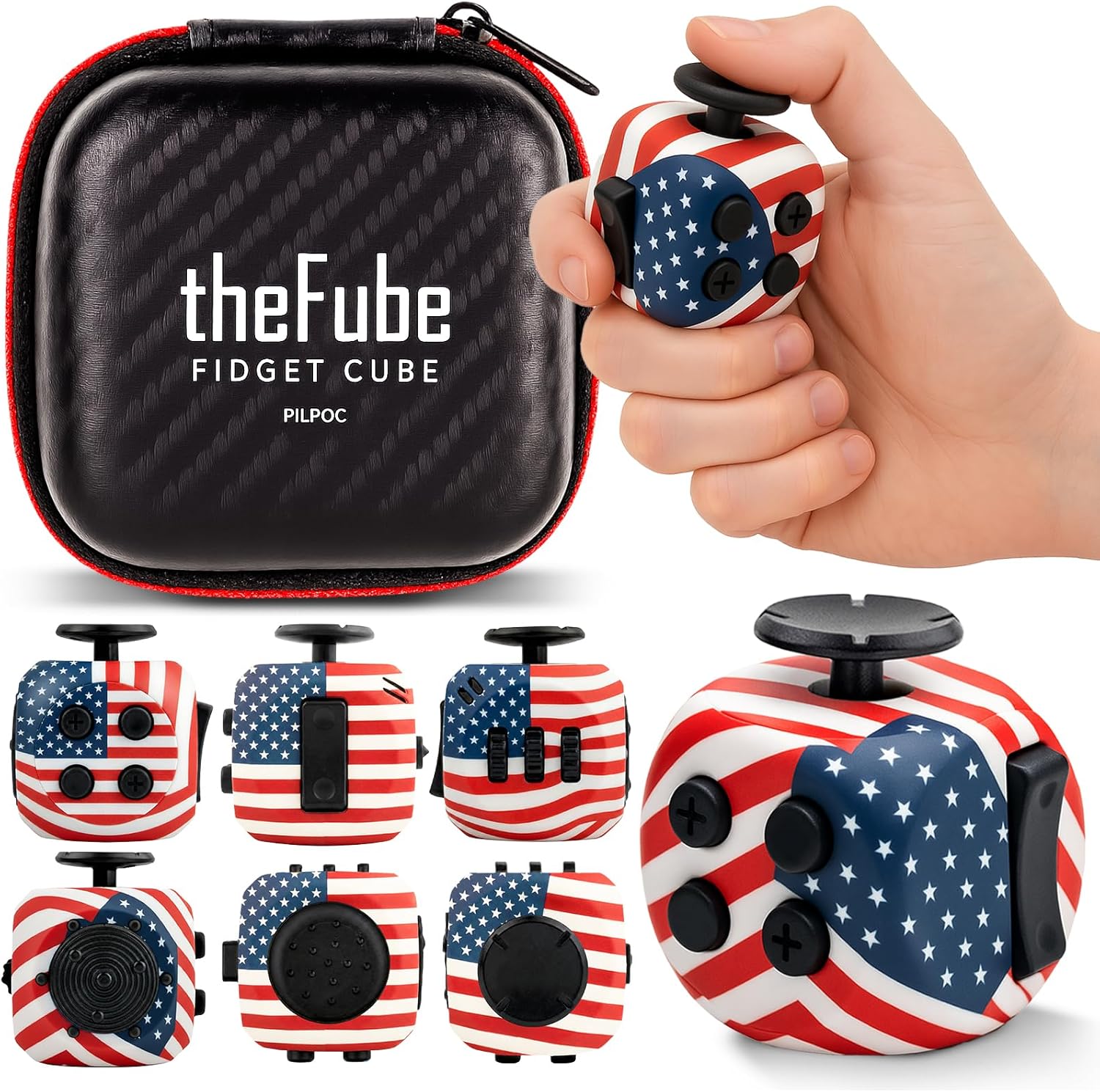 PILPOC theFube Fidget Cube, 6-Sided Stress Relief Infinity Cube for Adults & Kids, Boosts Concentration, Mindfulness Aid, Silent & Audible Modes, Includes Carry Case for Portability (Midnight-Crimson)