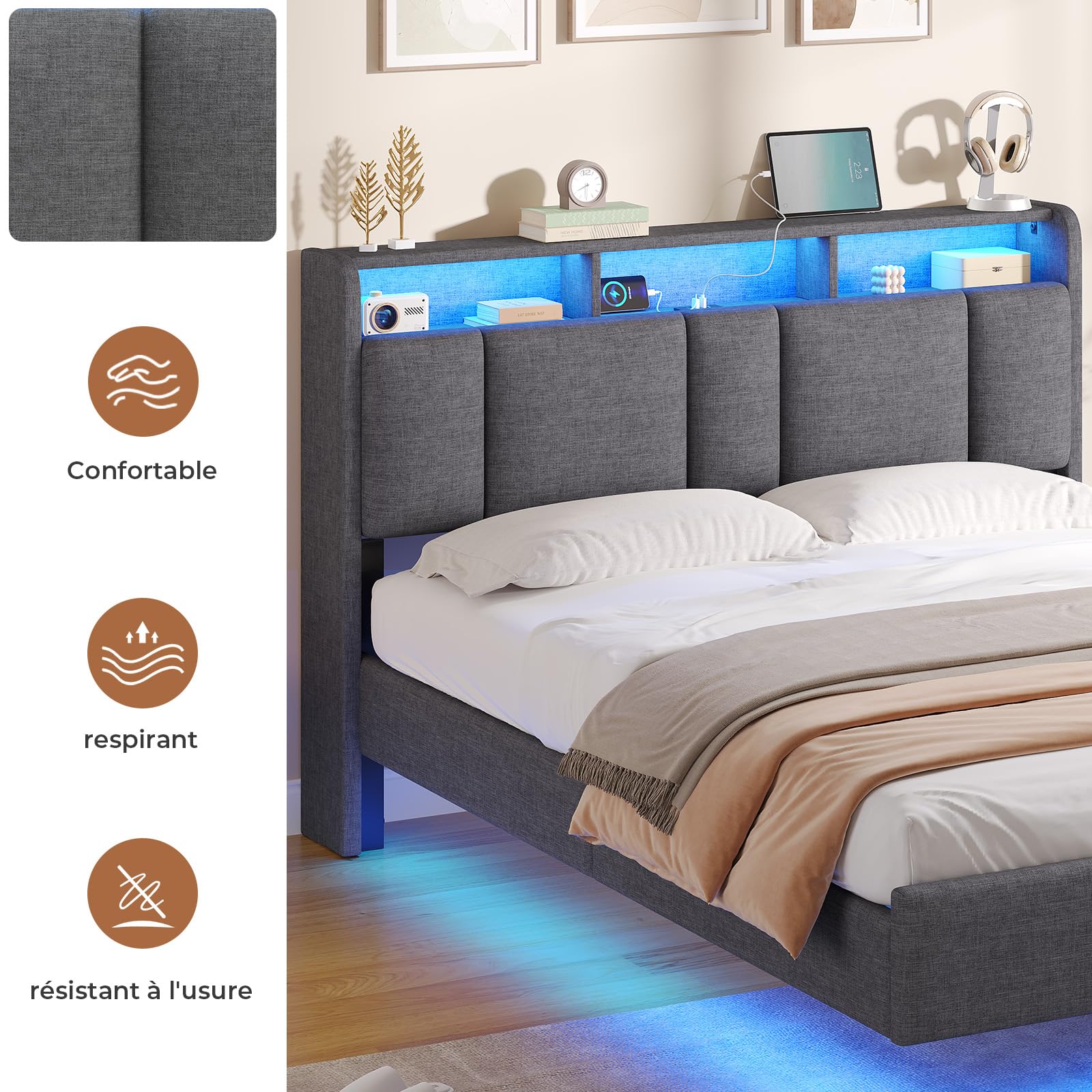 AOGLLATI Lit Double 140x190 avec Multiprise & Éclairage LED, Tête de Lit Rembourrée avec Rangement, Cadre de Lit avec Sommier, Moderne Effet Flottant, Tissu en Lin, Gris Foncé