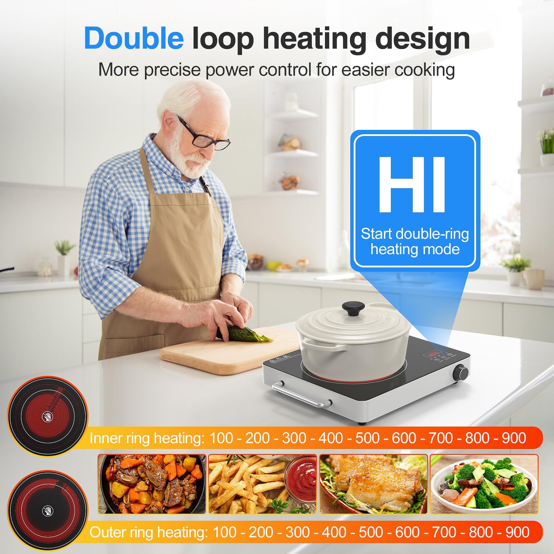 Placa de cocina eléctrica, 110 V, con función táctil y perilla, quemador individual de 1800 W con asa, 9 niveles de potencia, bloqueo de seguridad para niños y temporizador de 4 horas, portátil 8