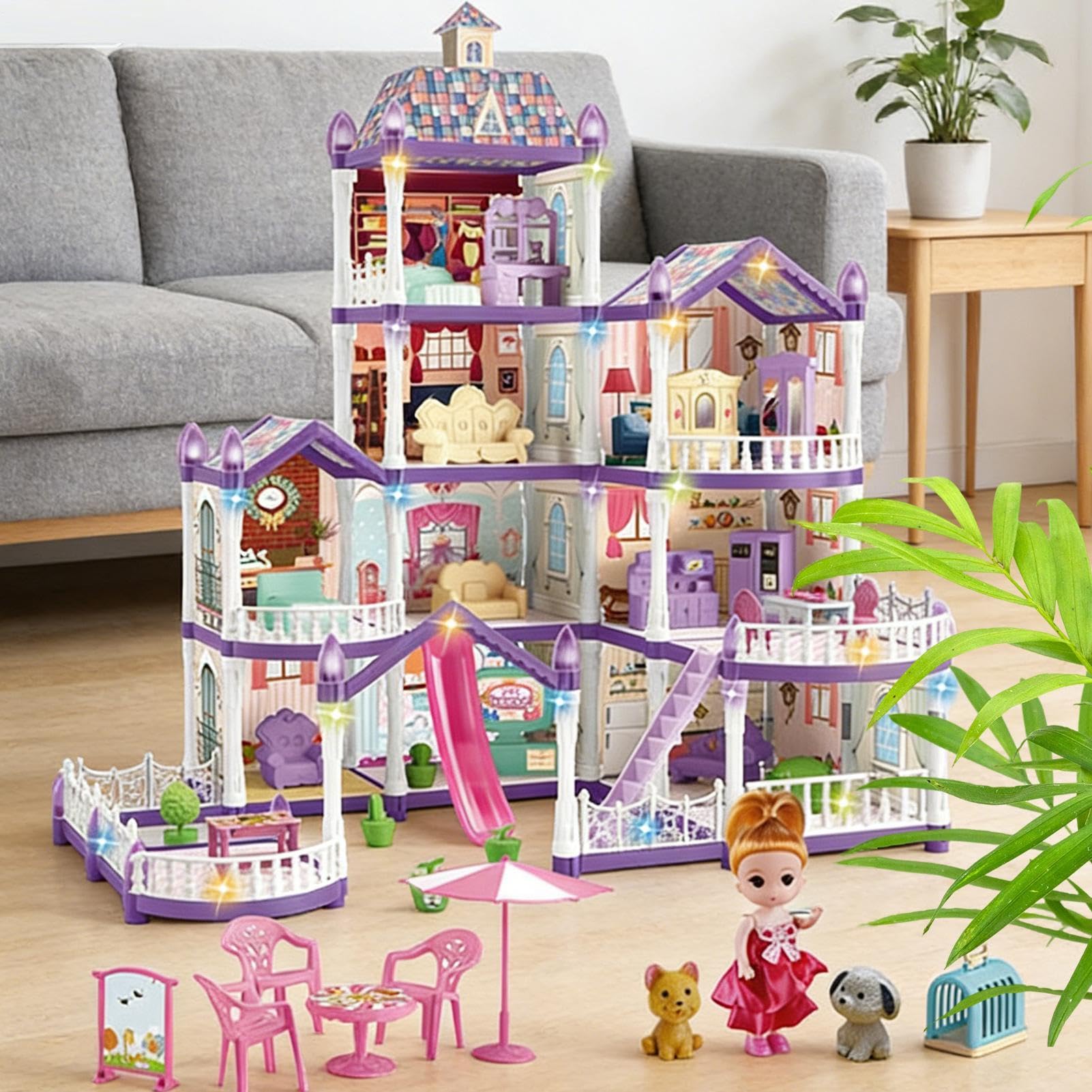 Dom Lalek dla Dziewczynek 4 Poziomy 13 Pomieszczeń Miniaturowa Willa Do | Mały domek z 3 księżniczkami, 2 szczeniakami i meblami z akcesoriami Dla Dziewczynek 4-6 Lat w Dom