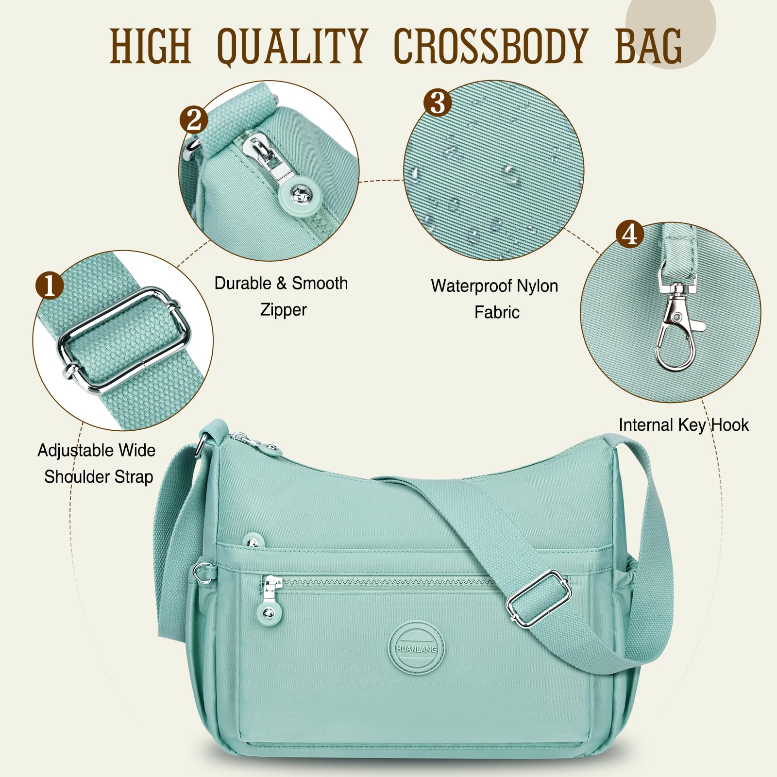 HUANLANG Crossbody Bag for Women Waterproof Lightweight Purses Nylon Crossbody Handbags Casual Multipocket Shoulder Bag