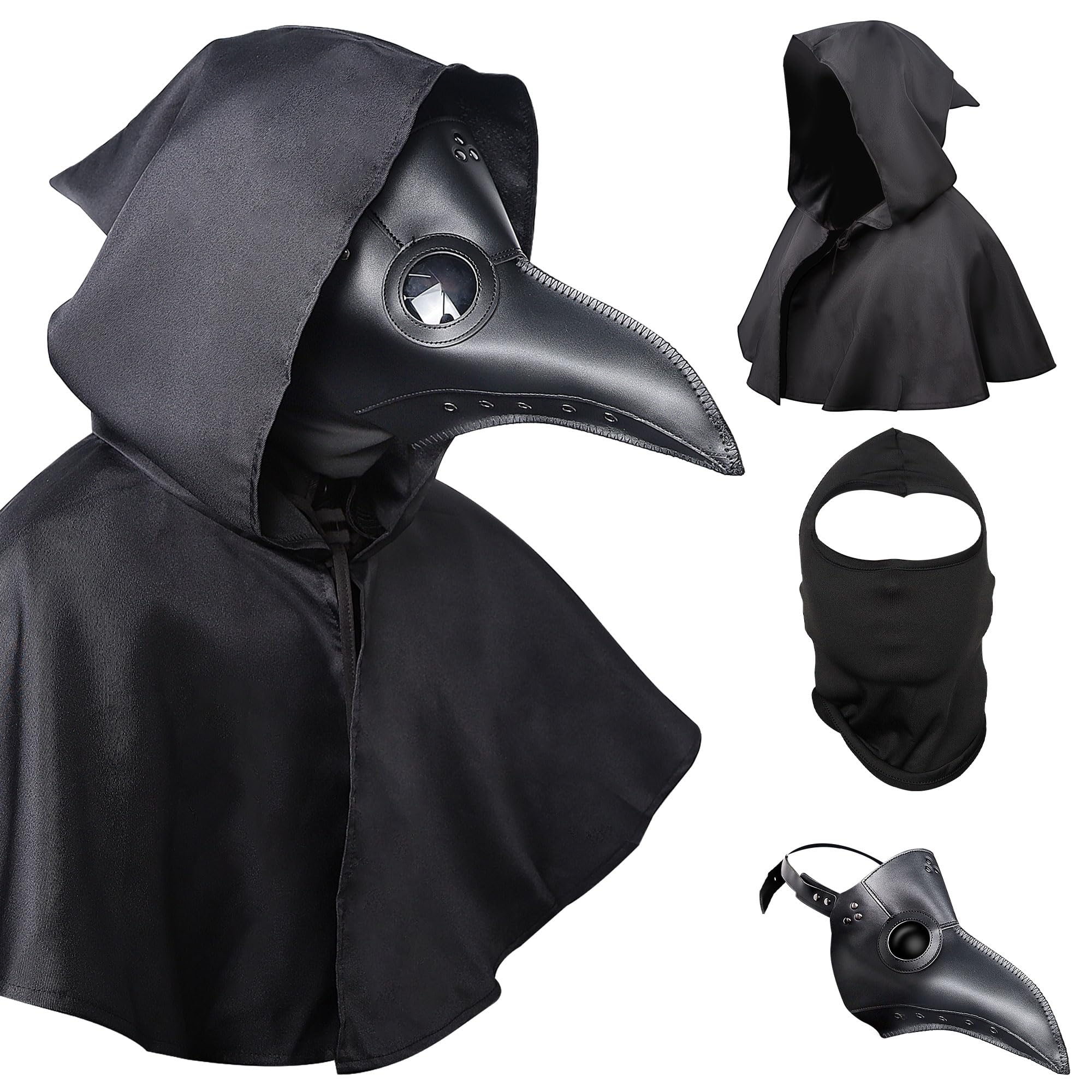 Lulu HomeHalloween Plague Doctor Mask Costume, Black PU Leather Mask with Long Beak, Balaclava Face Mask & Hooded Cape for Adults Masquerades Cosplay Parties Costume Props