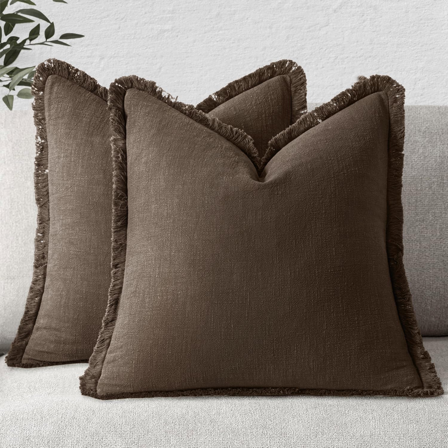 MIULEE Linen Fringe Decorative Fall Pillow Covers Chocolate Brown 26x26