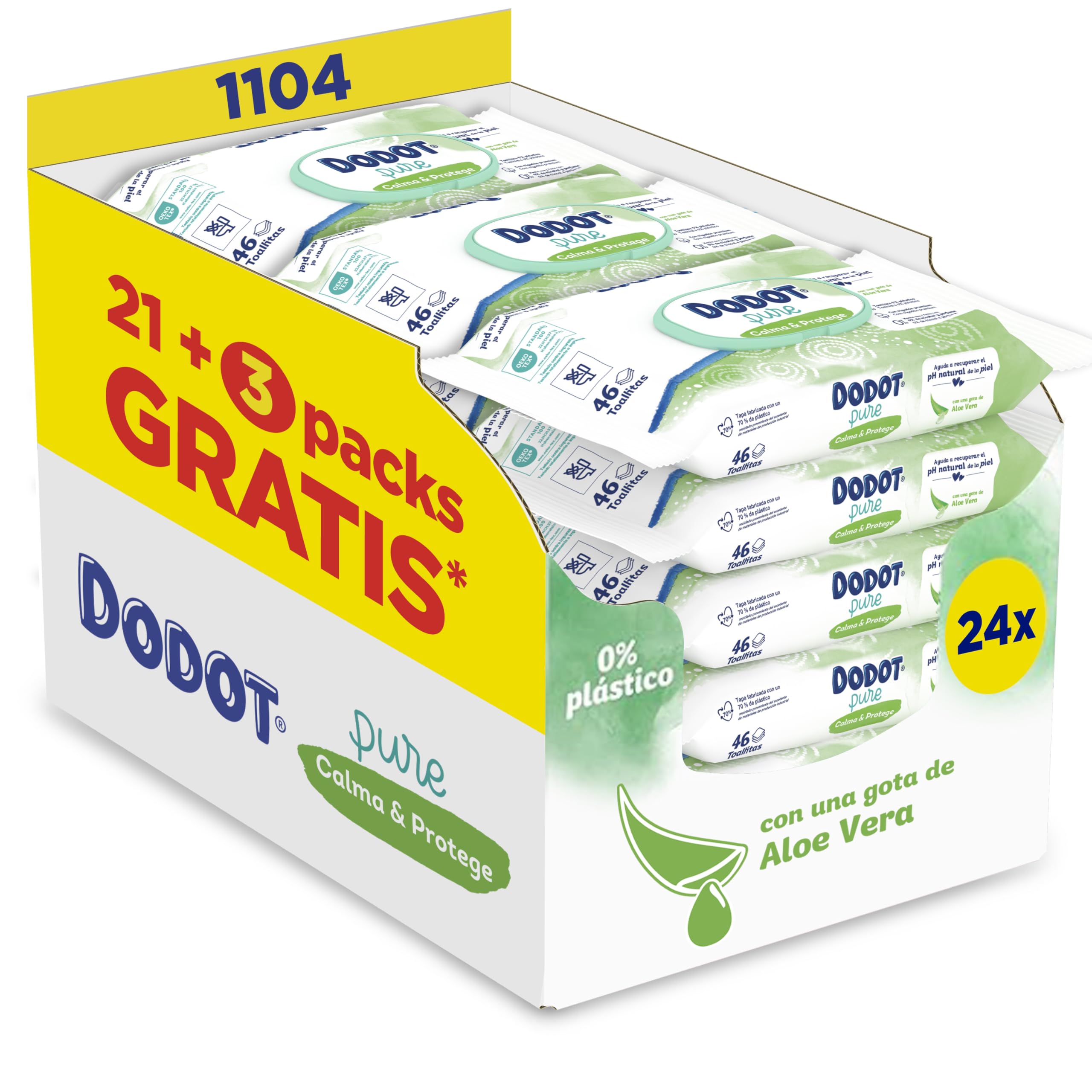 Dodot Salviette Pure Calma & Protegge Per Neonati 24 Confezioni Da 46 Pezzi = 46 Salviette, Aiuta a ripristinare il pH naturale della pelle, una goccia di Aloe Vera