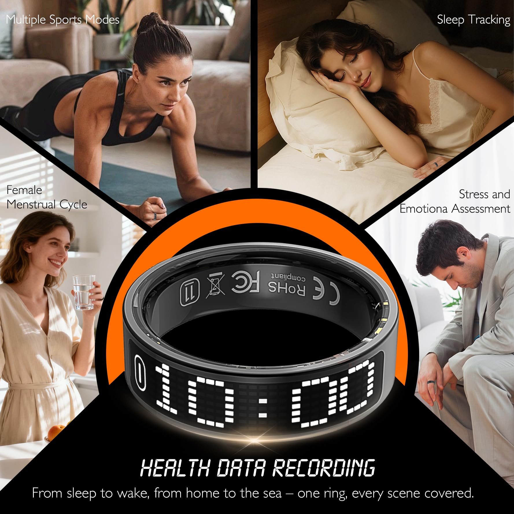 Bague connectée pour Hommes et Femmes (Android et iOS) – Taille 9 | Écran tactile LED, étanche IP68, suivi cardio/oxygène/sommeil, déclencheur photo, modes sport, titane 3,2g