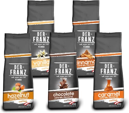 Der-Franz Kaffee Pack, ganze Bohne, aromatisiert, 5 x 500 g (1 x Haselnuss, 1 x Vanille, 1 x Schokolade, 1 x Zimt, 1 x Karamell)
