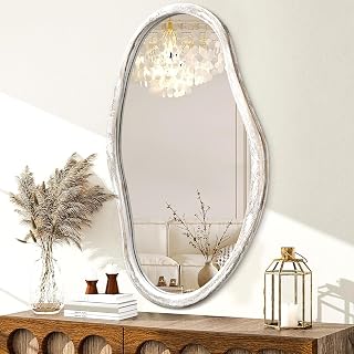 JJUUYOU Asymmetrical Mirror Modern Irregular 34"x22" Large Wall Mounted Mirror with Wooden Frame for Bathroom Bedroom Living Room Hallway Mirrors White