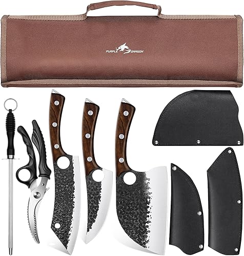 Purple Dragon Juego de Cuchillos de Carnicero – Juego de 9 Piezas de Cuchillos de Chef – Cuchillos de Chef Serbios Forjados a Mano Cuchilla de