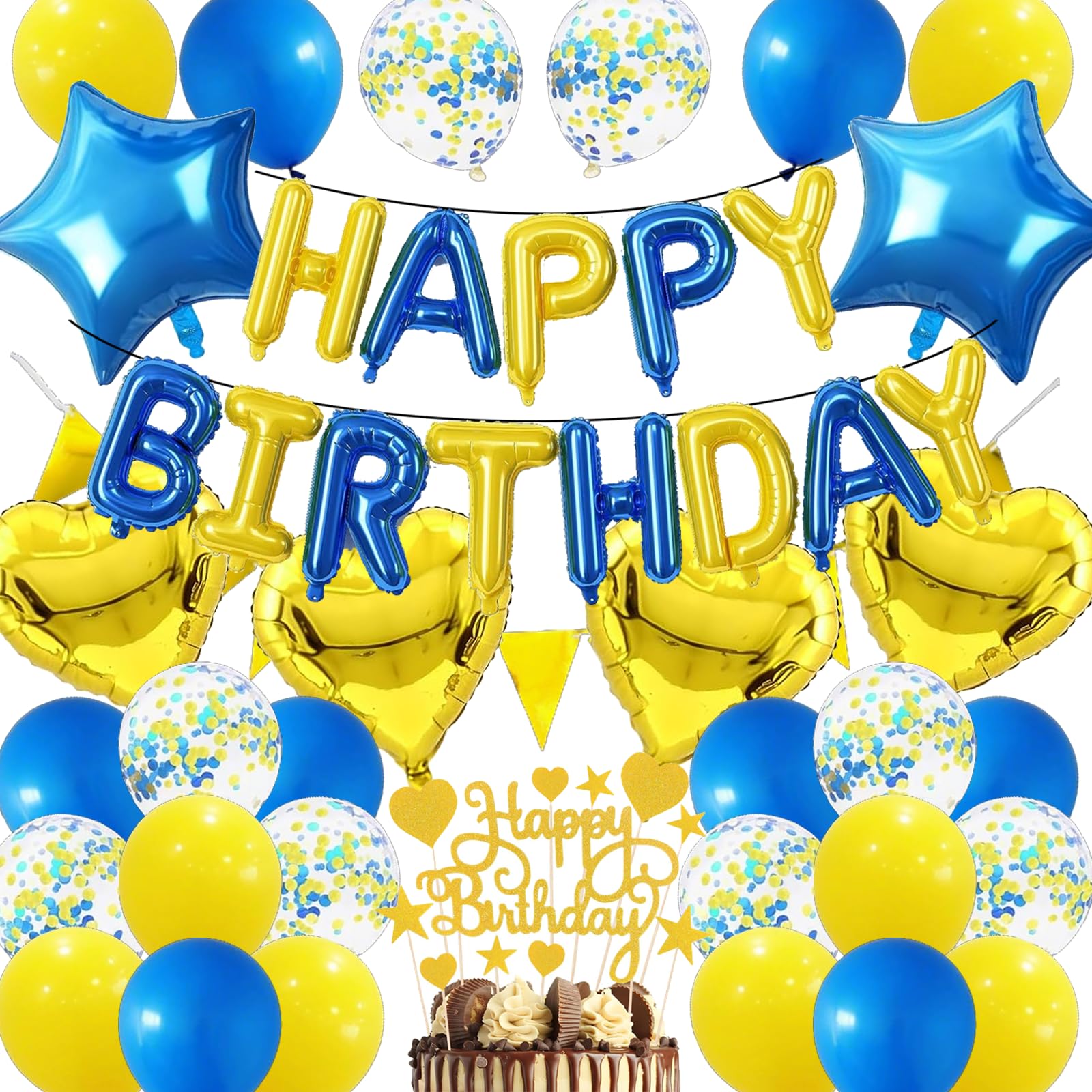 Birthday Party Decoration Supplies, Blue Gold Balloon Kit - 45 Pack Featuring Star & Heart Foil Balloons, Latex Confetti Balloons for Women men kids Birthday Party — image 1