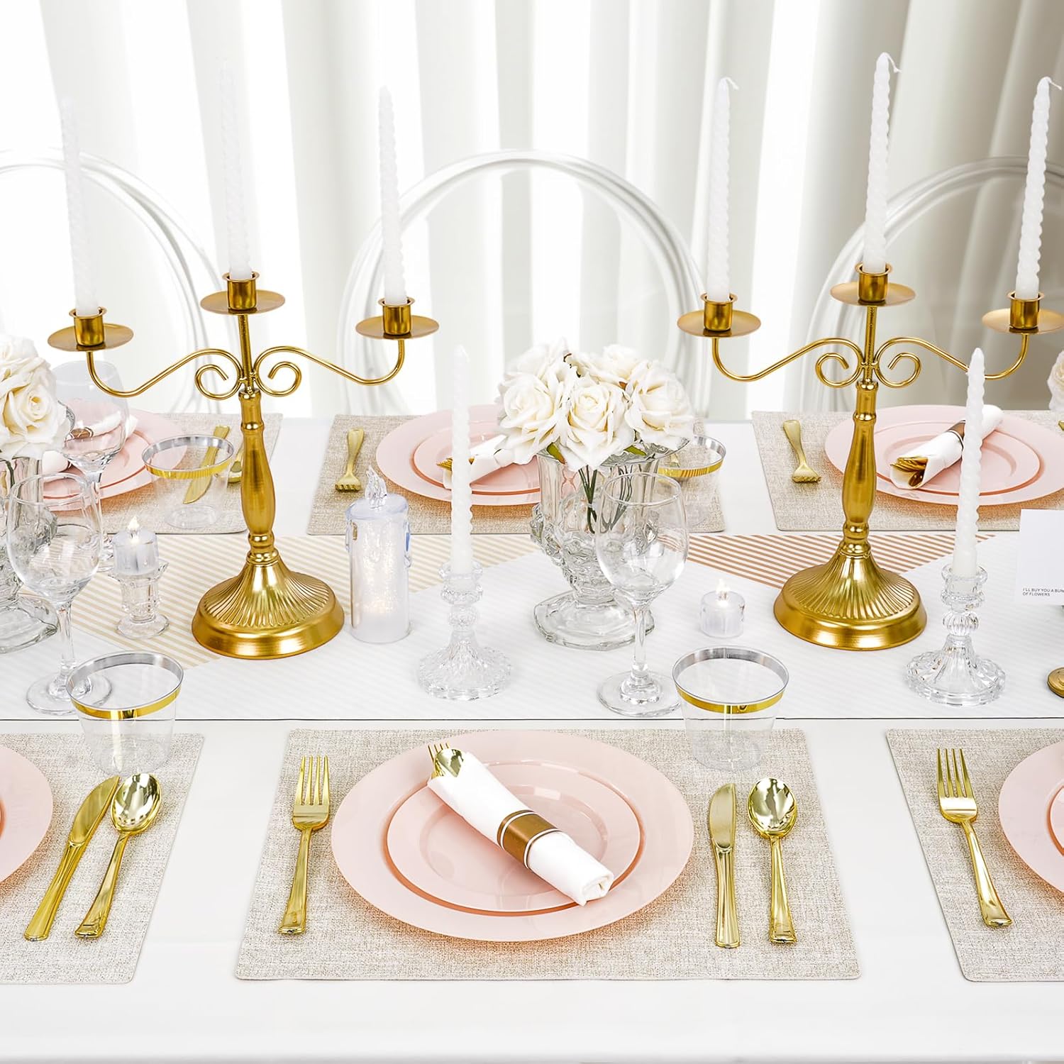 350 PCS Pink Plastic Dinnerware Set for 50 Guests, 100 Disposable Plates for Party, 50 Pre Rolled Napkins with Gold Silverware, 50 Cups for Wedding, Graduation - Image 6