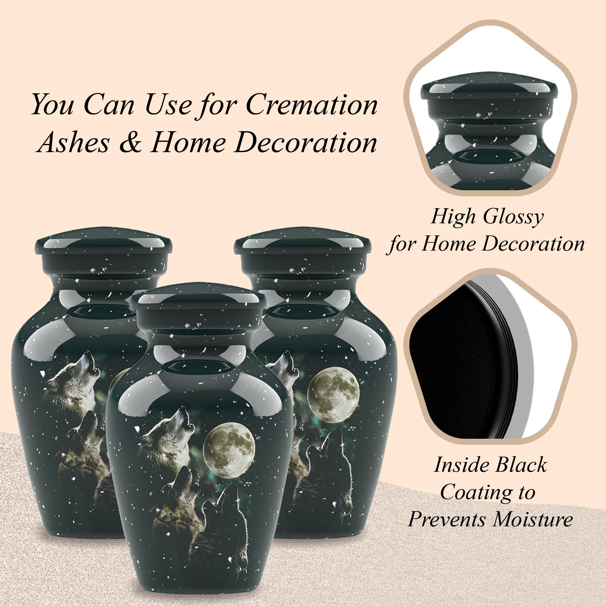 Forever Urnas de cremación para cenizas, urna clásica de cremación de 3 lobos para cenizas humanas, completamente hecha a mano con caja de protección de terciopelo (juego de 3 recuerdos)