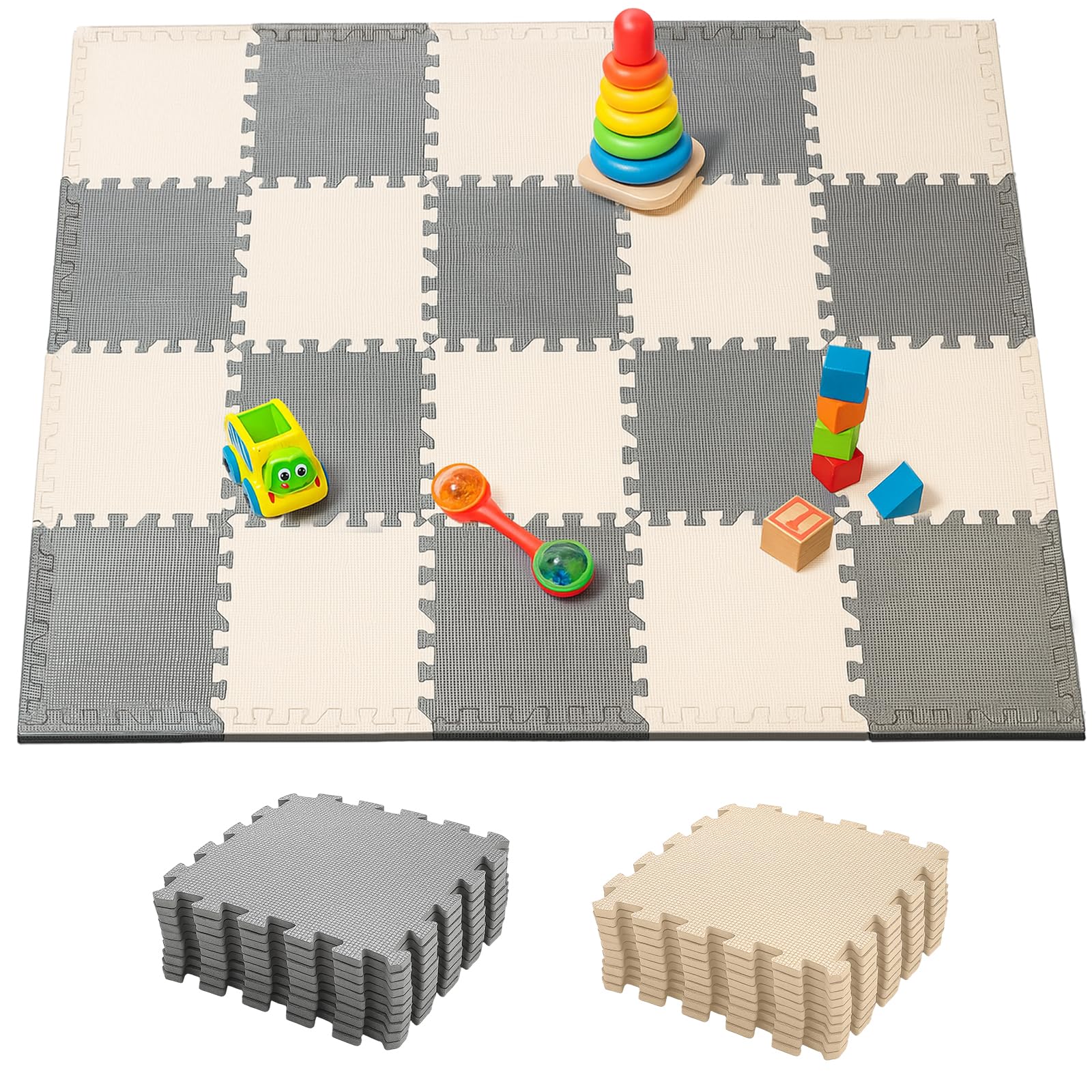 YORKING 20Pcs Foam Baby Play Mats 30x30x1cm EVA Baby Floor Tiles Thick Soft Floor Interlocking Mat Waterproof High-Resilience Foam Floor Puzzle Mat for Children's Play and Crawl (Grey and Rice-White)
