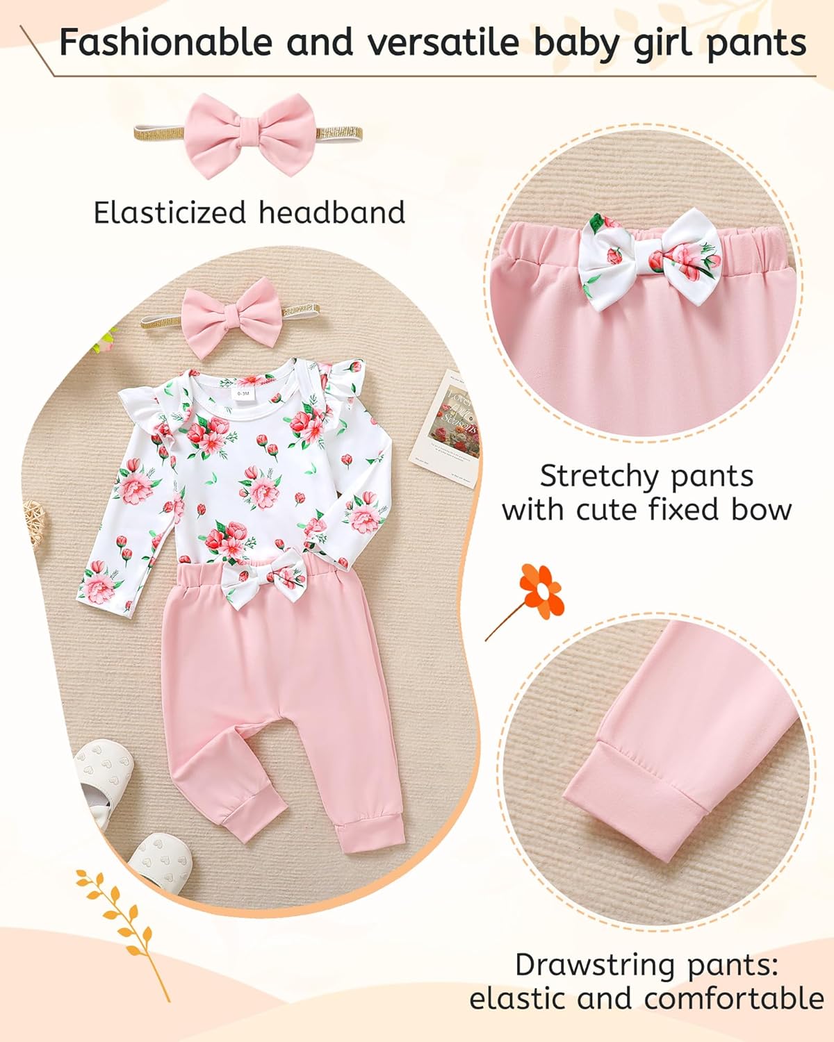 YALLET Baby Girl Clothes Newborn Infant Girl Outfits Floral Romper+Pants+Headband Fall Baby Layettes for Clothing 0-18 Months - Image 4