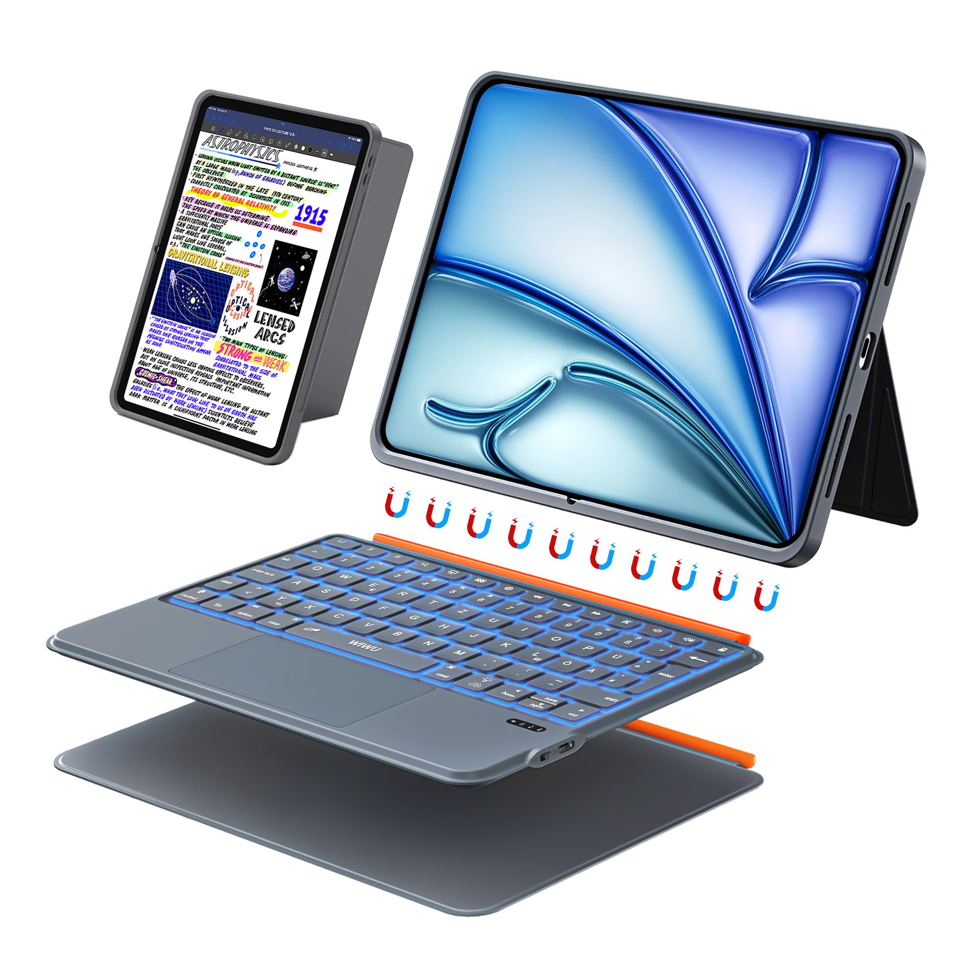 WIWU iPad Hülle mit Tastatur für Air 11" M4/M3/M2 2026/2025/2024 A16/10 Gen Magnetische Abnehmbare Tastatur Ständer Beleuchtete Tasten Touchpad (Grau, for iPad 11/10/Air 5/4/11"(M2/M3) Pro 11"4/3/2/1)