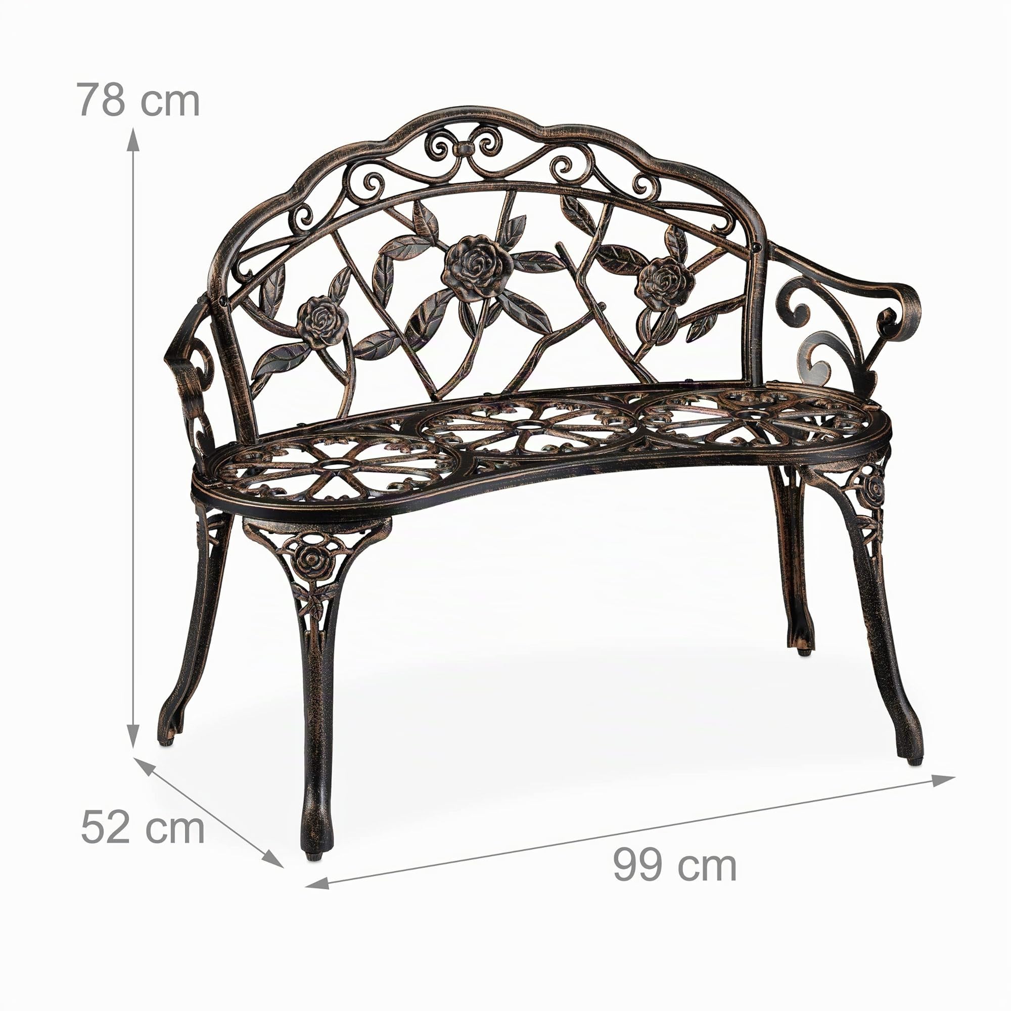 Relaxdays Panca da Giardino, per 2 Persone, Rose Decorative, Terrazzo Balcone, in Alluminio e Ghisa, 78x99x52 cm, Bronzo