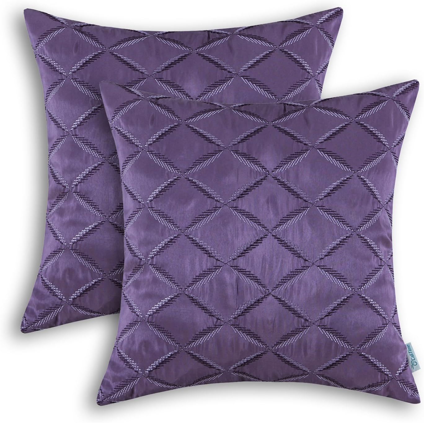 CaliTime Pack of 2 Cushion Covers Throw Pillow Cases Shells for Home Sofa Couch Diamonds Chain Geometric Embroidered 18 X 18 Inches Purple