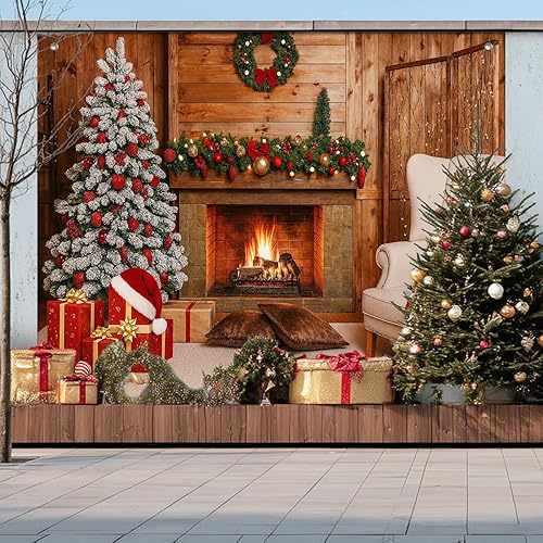 Miniatura 6 de Cartel de Navidad de 8 x 6 pies, fondo de árbol de chimenea, fondo de vacaciones con cajas de regalo, guirnalda para interiores y exteriores,