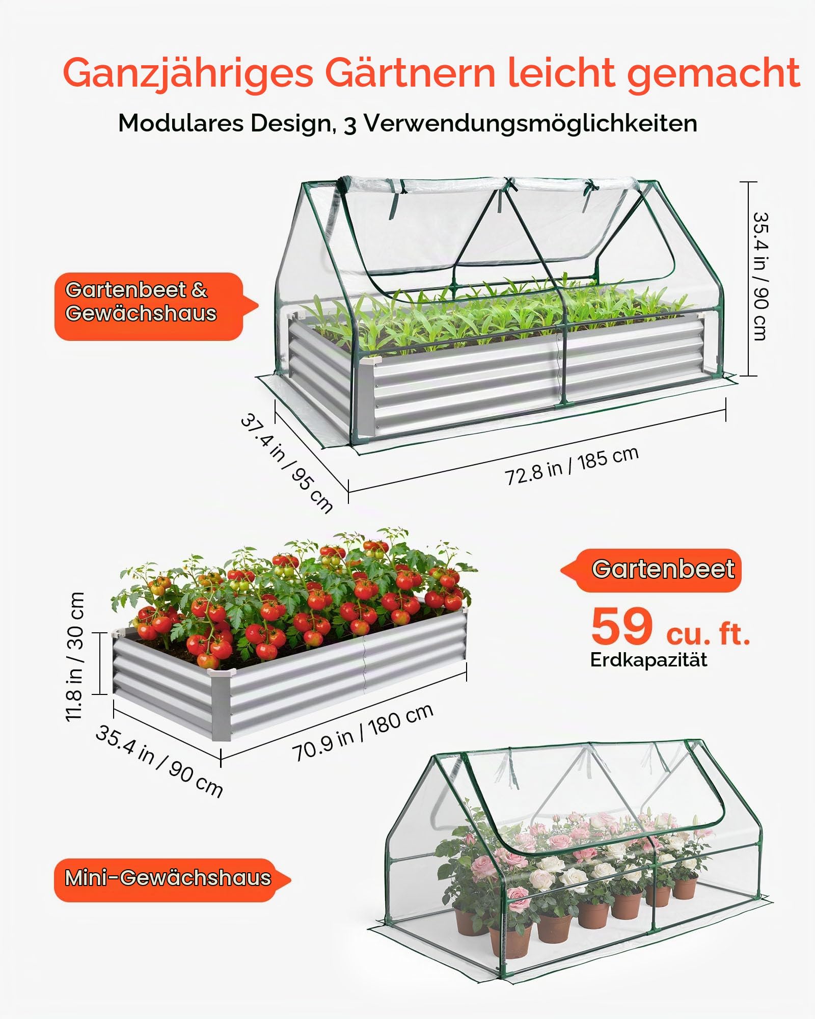 VEVOR Hochbeet Metall 180x90x30 cm, Rechteckiges Gartenbeet, Pflanzkasten-Set für den Außenbereich, Gemüsebeet mit Gewächshausabdeckung & Handschuhen, Blumenbeet, Pflanzbeet für Blumen & Gemüse