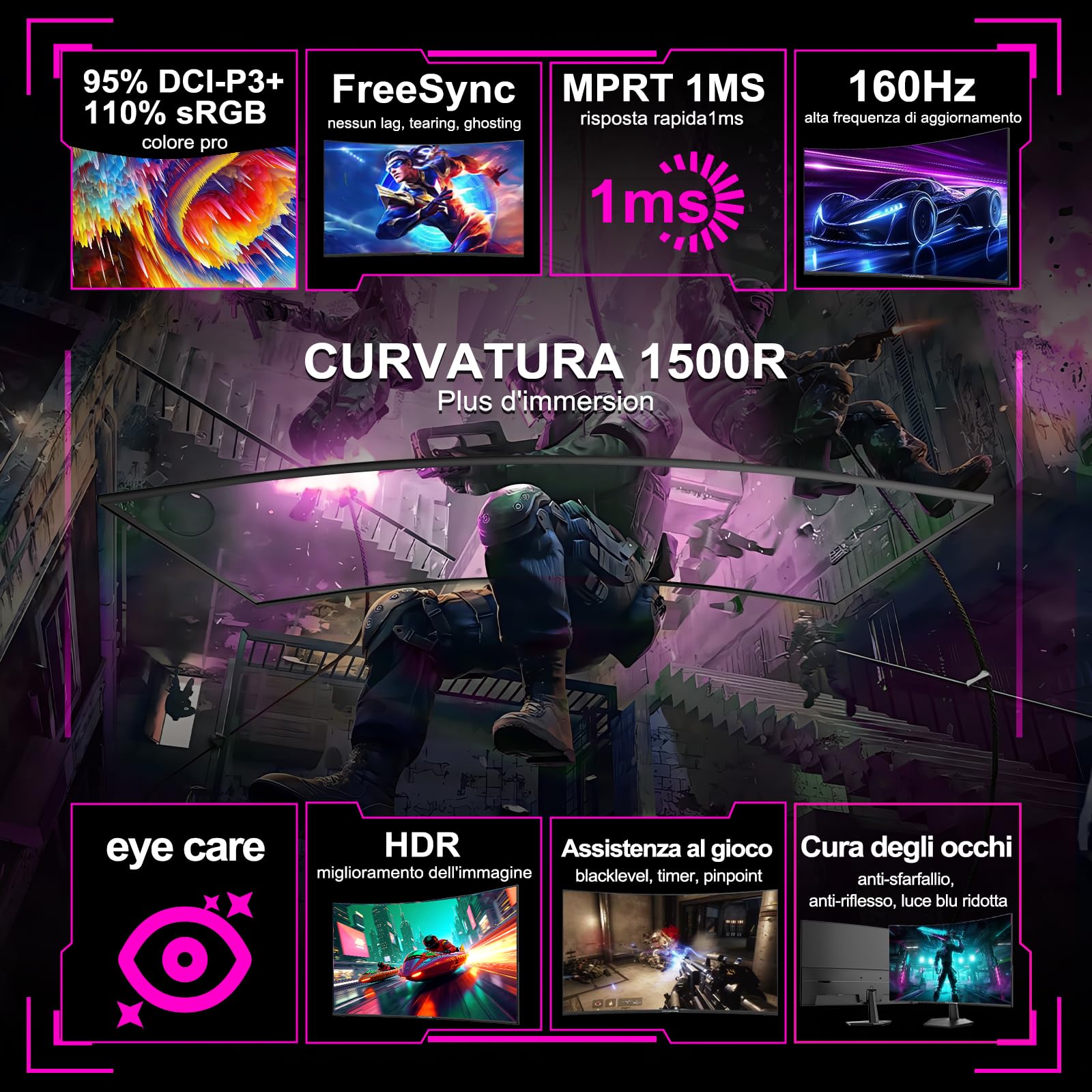 Minifire da 27 pollici Monitor curvo da gioco, 160 Hz, 1 ms, 110% sRGB, pannello 1920 x 1080 VA (MFG27C1L con cavo HDMI)