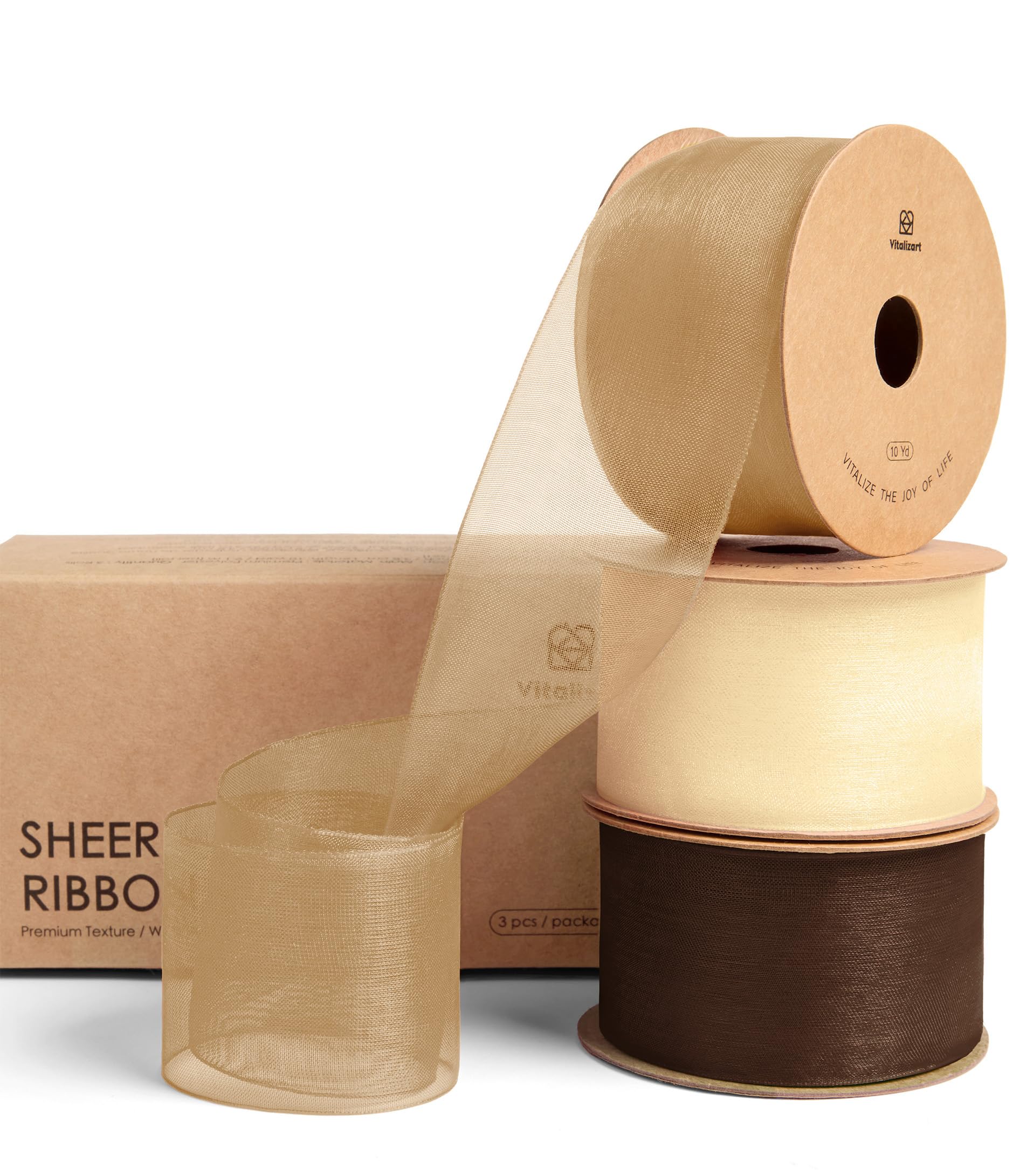 Vitalizart 1.5" x 30 Yd Sheer Organza Ribbon Brown & White