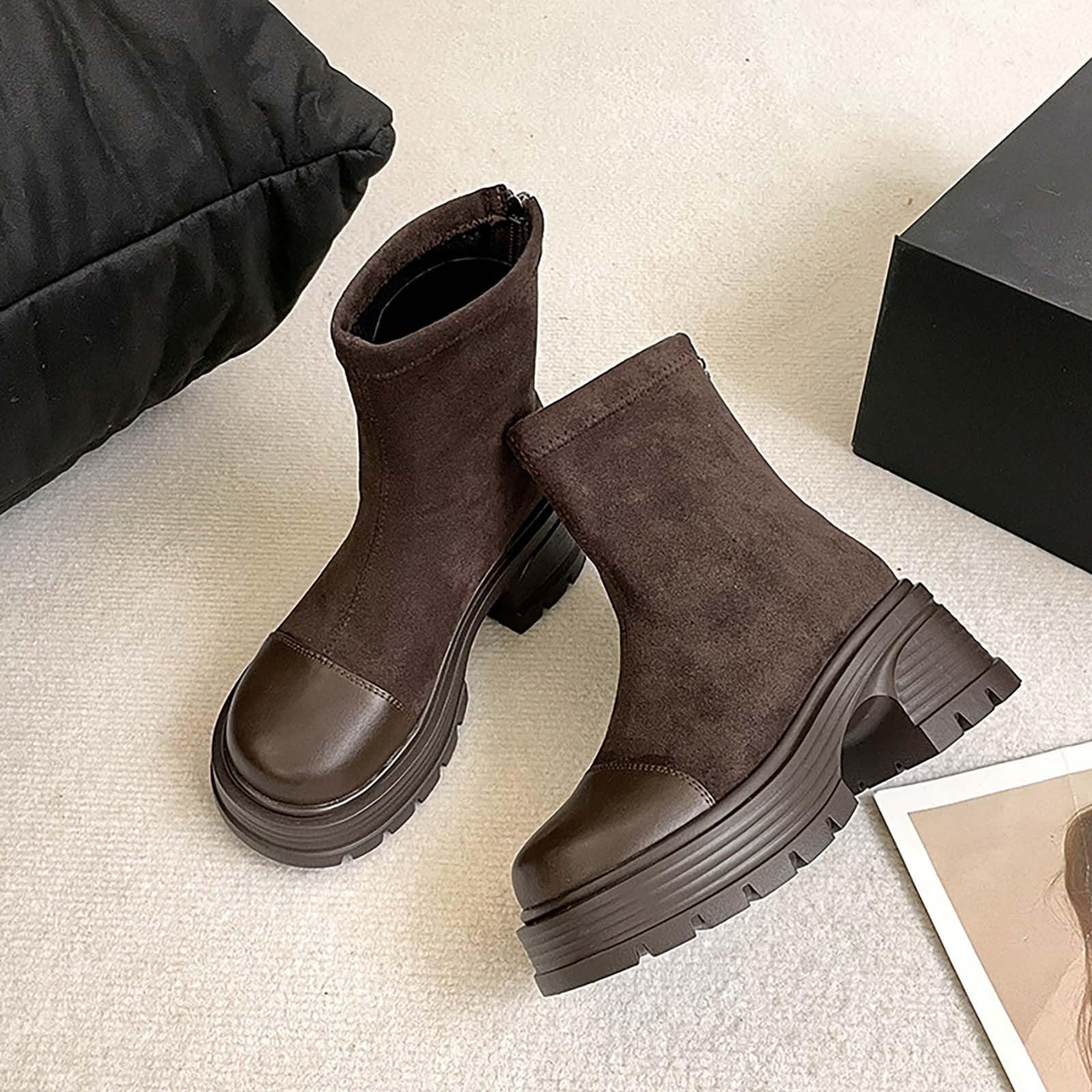 Stivaletti da equitazione da donna con calda imbottitura, impermeabili, in pelle scamosciata, con plateau e plateau, eleganti stivaletti Chelsea con chiusura a strappo, con punta tonda, colore marrone