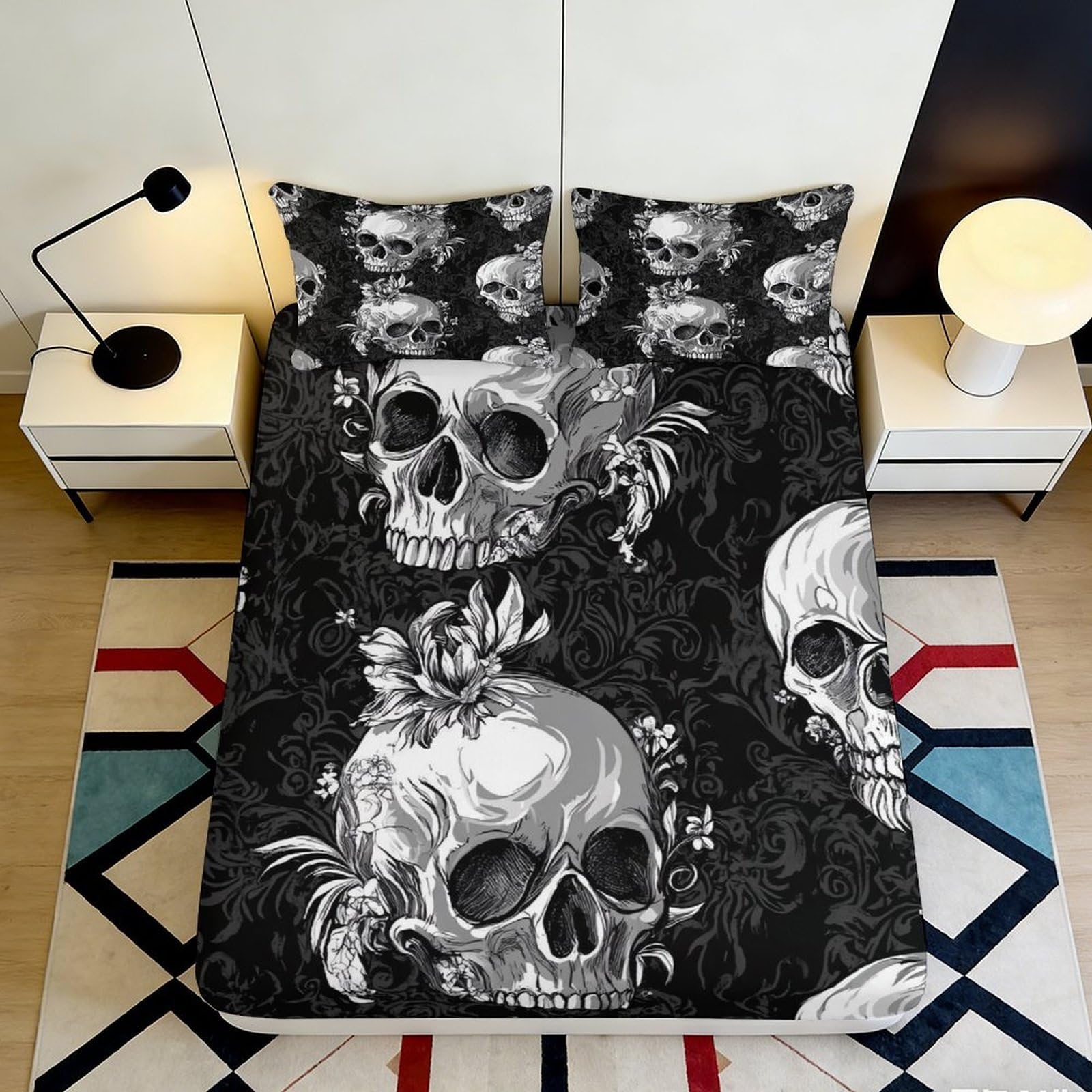 3D Printed Gothic Skull Fitted Sheet Microfiber Black Art Skeleton Mattress Cover for Bedroom Dorm Easy Care 90x200x25cm