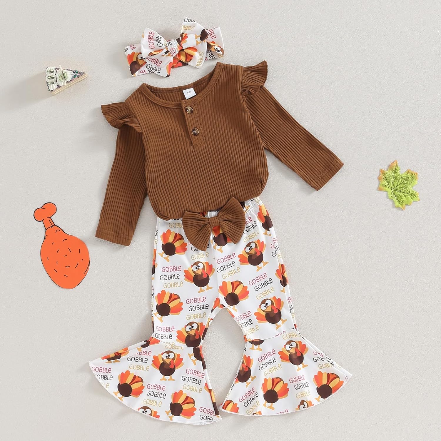 Kuriozud Newborn Baby Girl Bell Bottom Outfit Ruffle Romper Cute Bow Flare Pants Set Headband Cute Clothes - Image 2