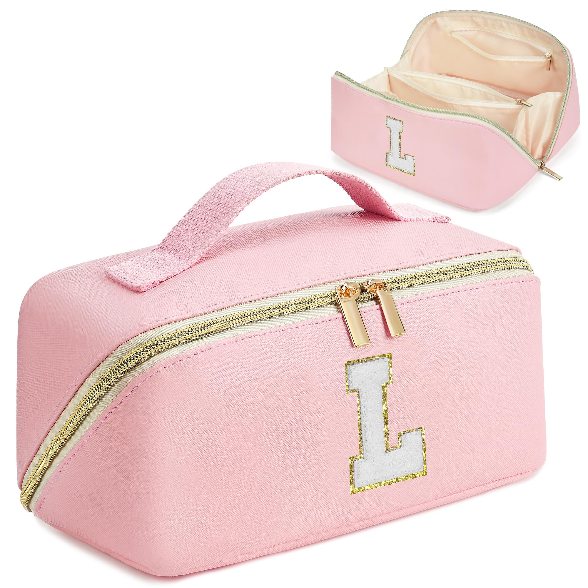 DTBG Pink Makeup Bag for Women, PU Leather Travel Toiletry Bags, Initial Make Up Cosmetic Pouch for Teen Girls, Wide Open Portable Skincare Bag, Personalized Birthday Graduation Gifts Ideal, L