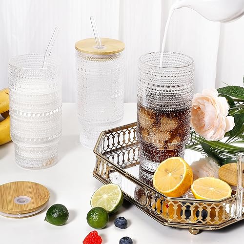 Miniatura 4 de Vasos de vidrio de 16 onzas con tapas y pajitas, cristalería vintage en relieve para whisky, cóctel, cerveza, taza de café helado con tapa, vaso de