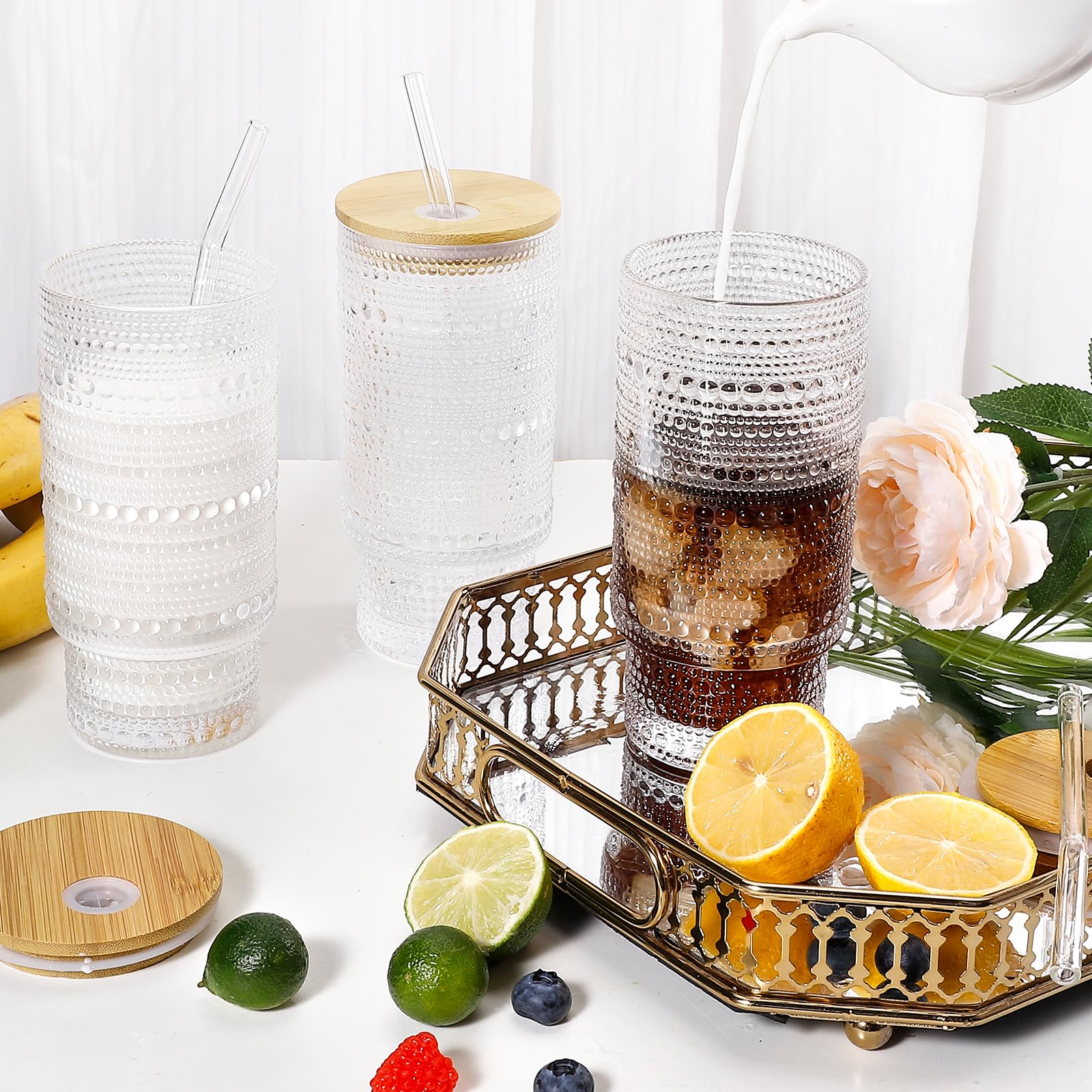 CWHHRN Juego de 4 vasos de vidrio con tapas de bambú y pajitas de vidrio, cristalería vintage de 16 onzas para whisky, cóctel, cerveza, café helado para bonitos regalos (juego de 4)